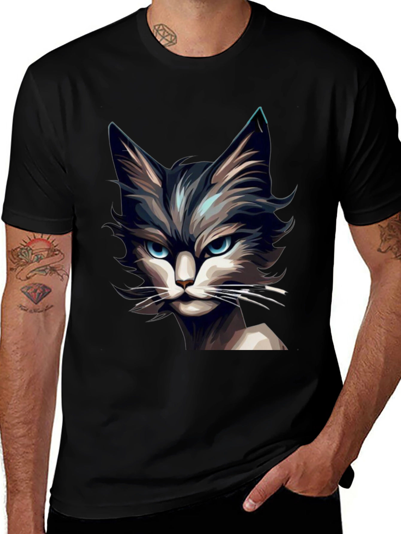 Mens Black T-Shirt with Cat Graphic