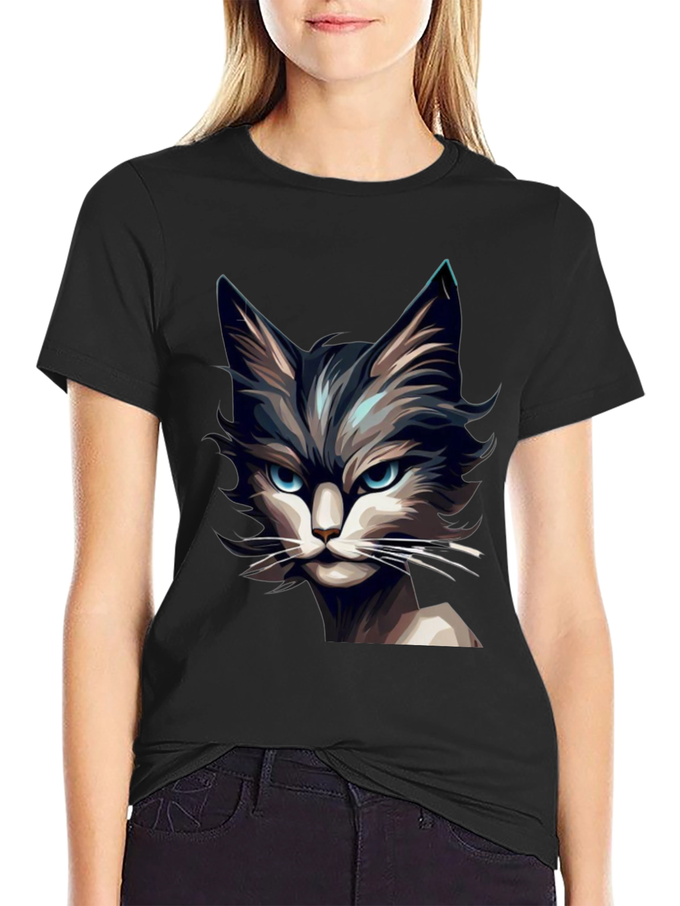Mens Black T-Shirt with Cat Graphic