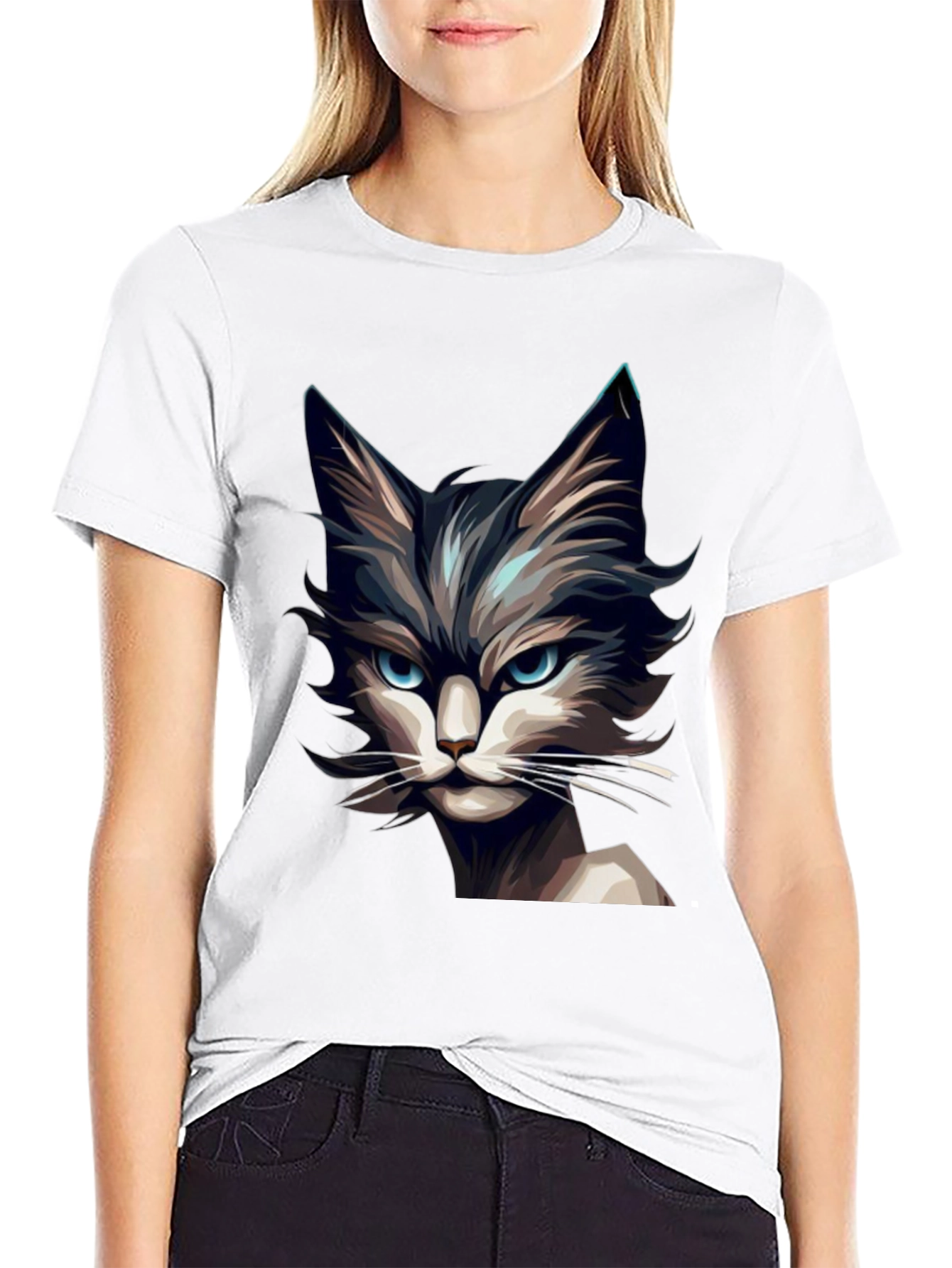 Mens Black T-Shirt with Cat Graphic