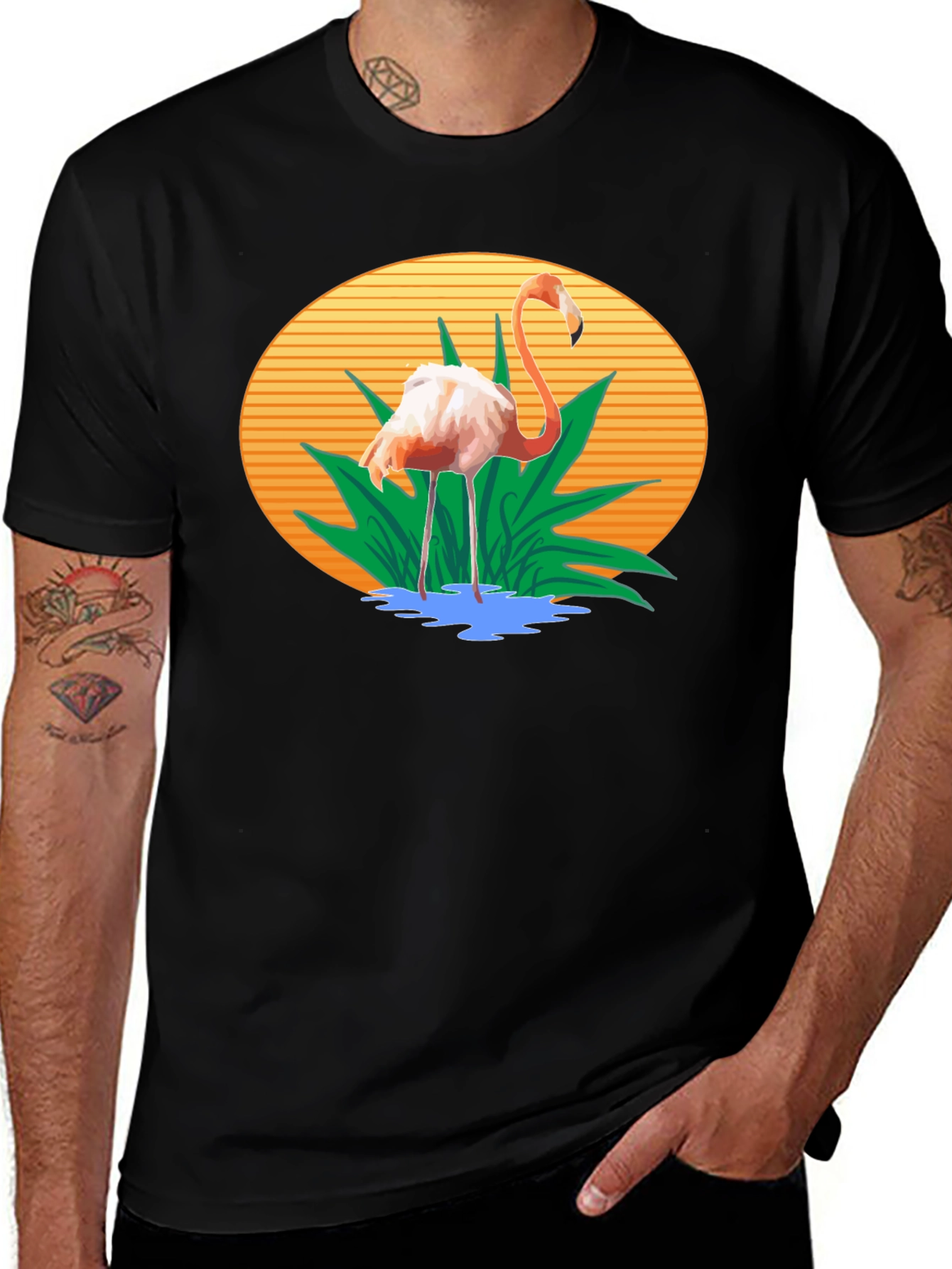 Flamingo Graphic Print Black T-Shirt