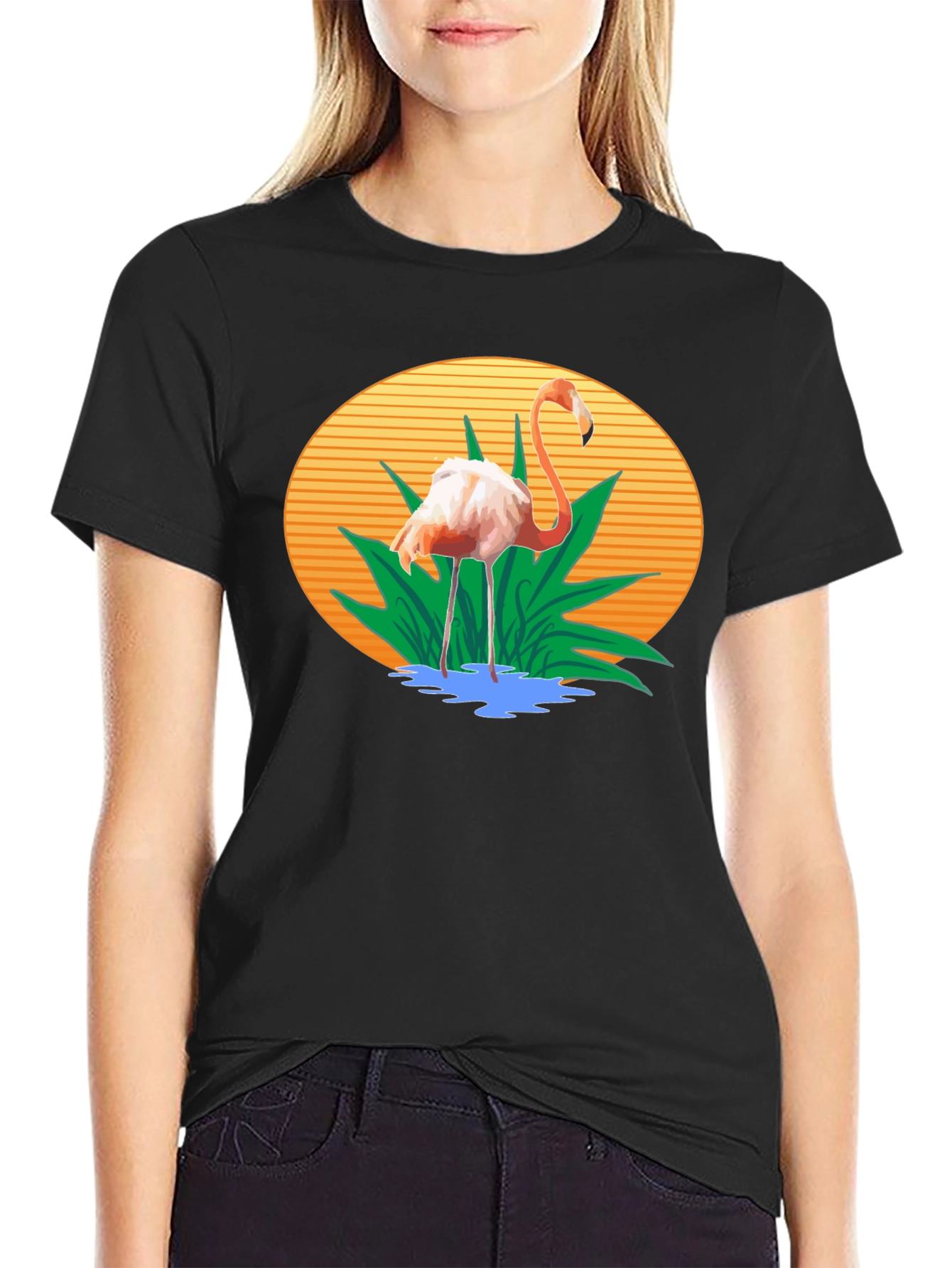 Flamingo Graphic Print Black T-Shirt