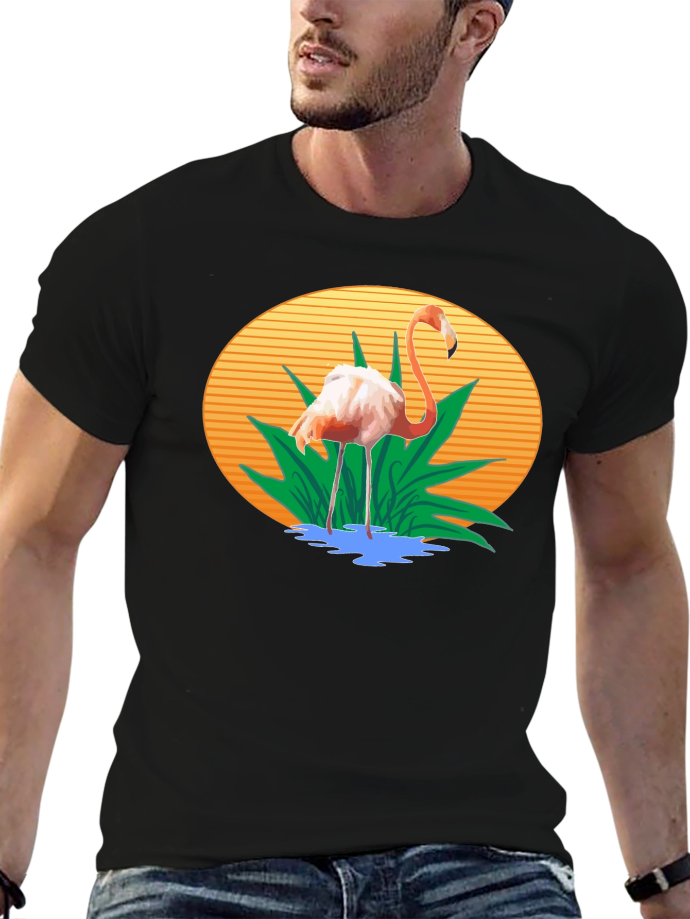 Flamingo Graphic Print Black T-Shirt