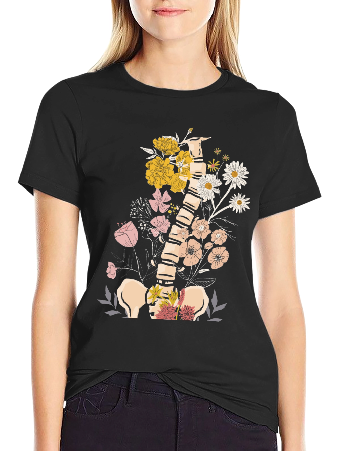 Floral Spine Graphic Tee - Unique Anatomical Design
