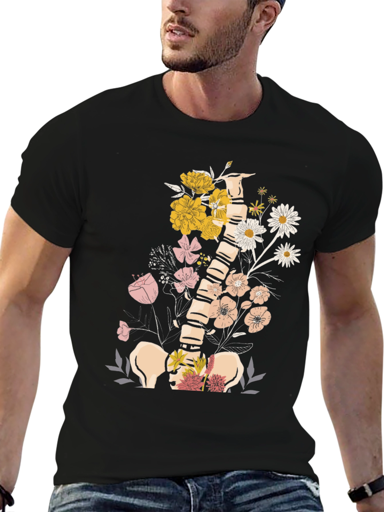 Floral Spine Graphic Tee - Unique Anatomical Design