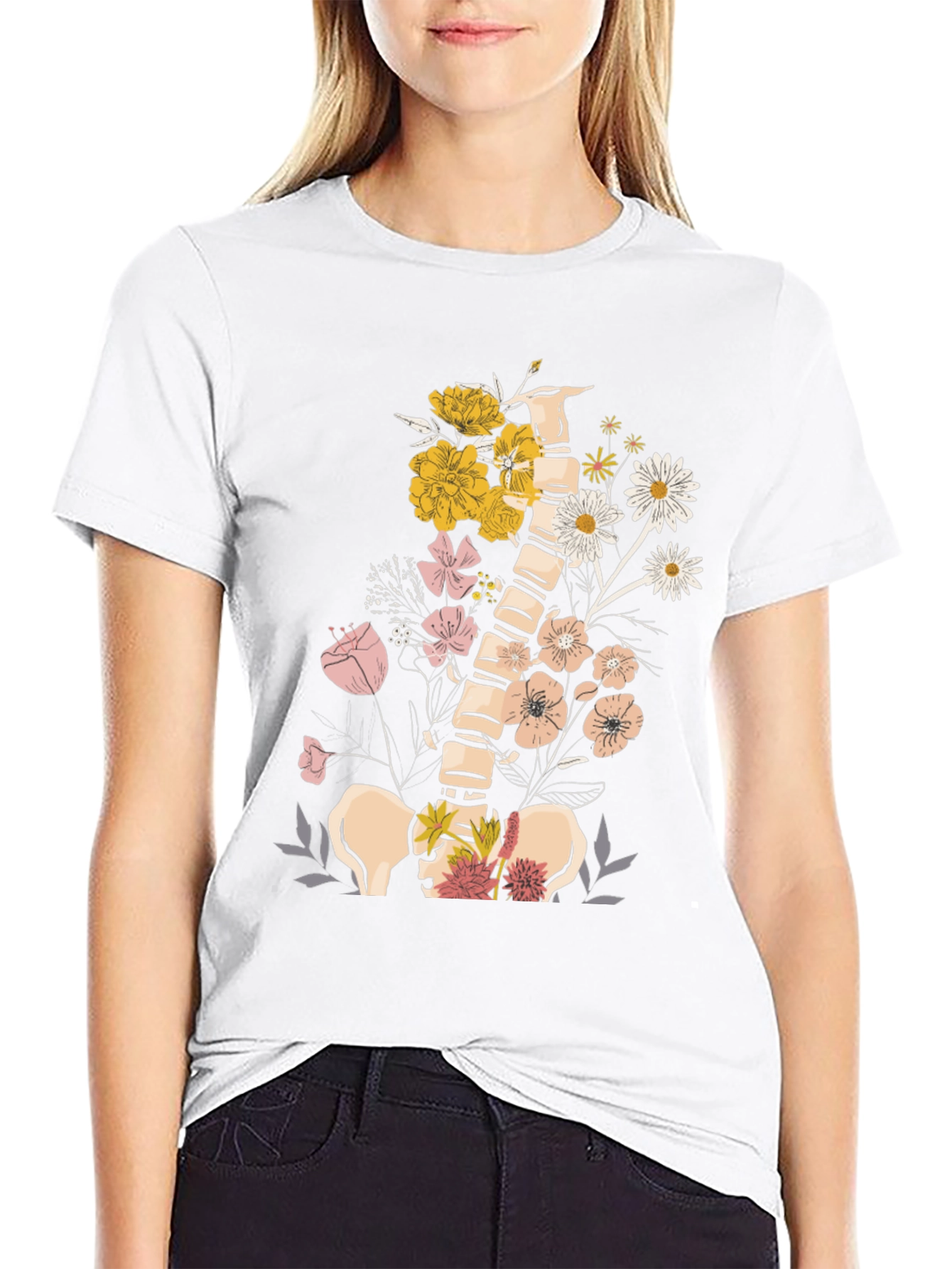 Floral Spine Graphic Tee - Unique Anatomical Design
