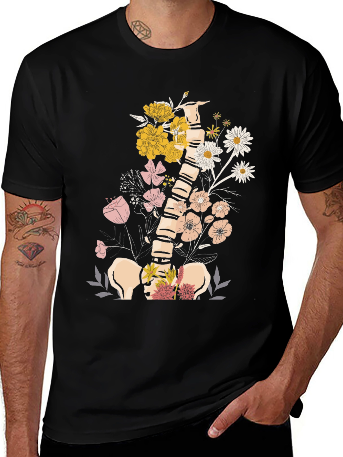Floral Spine Graphic Tee - Unique Anatomical Design