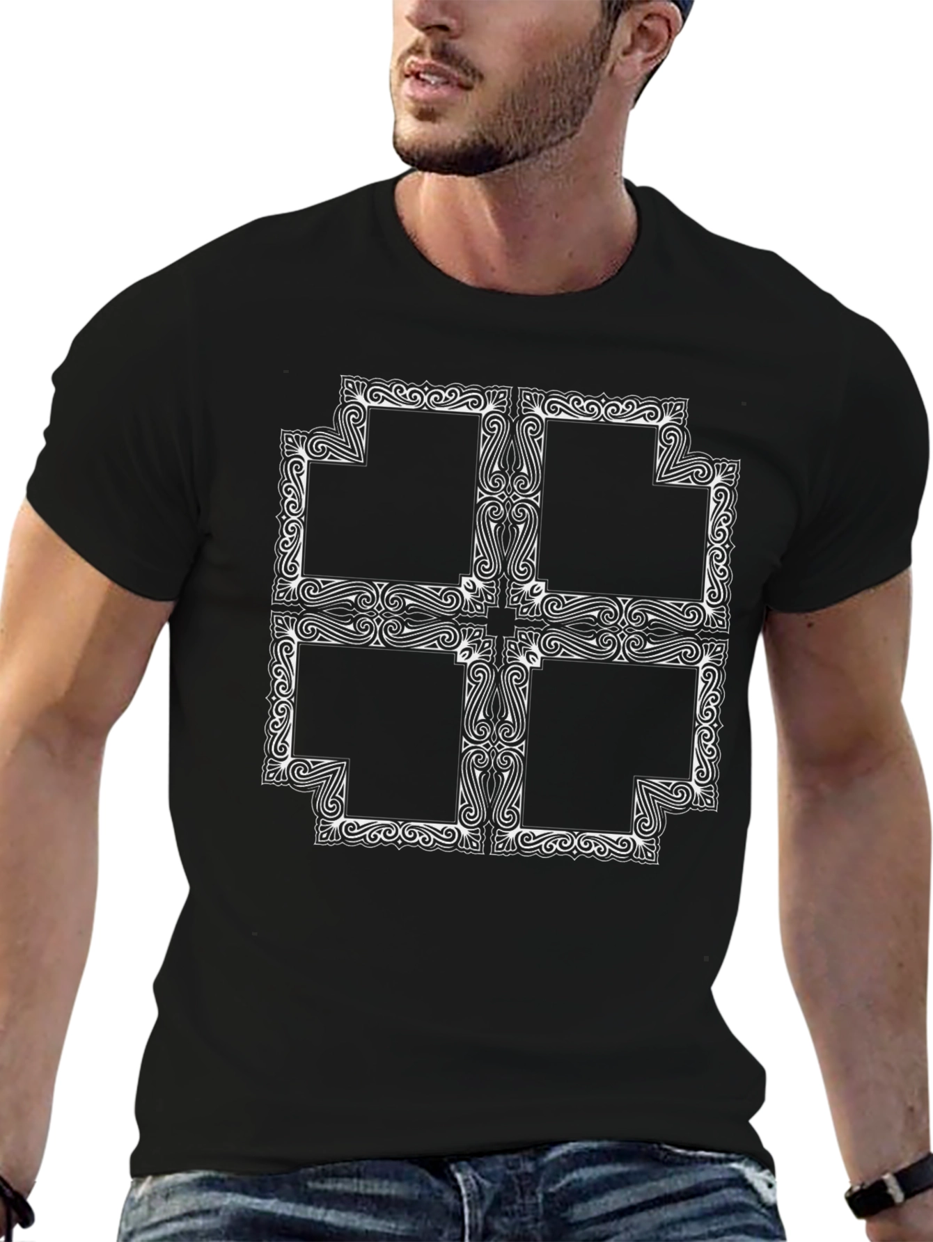 Black T-Shirt with Ornate Cross Design