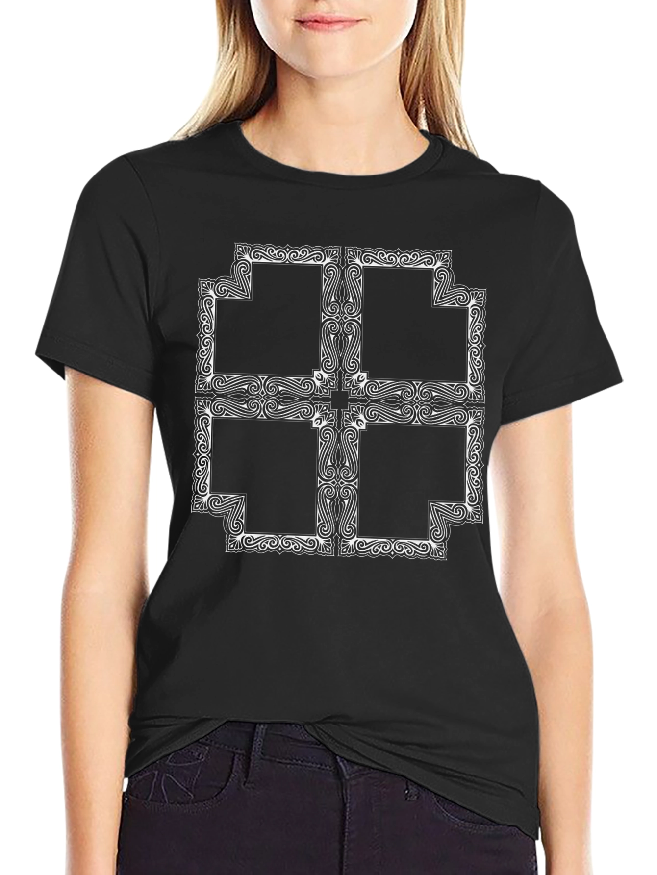 Black T-Shirt with Ornate Cross Design