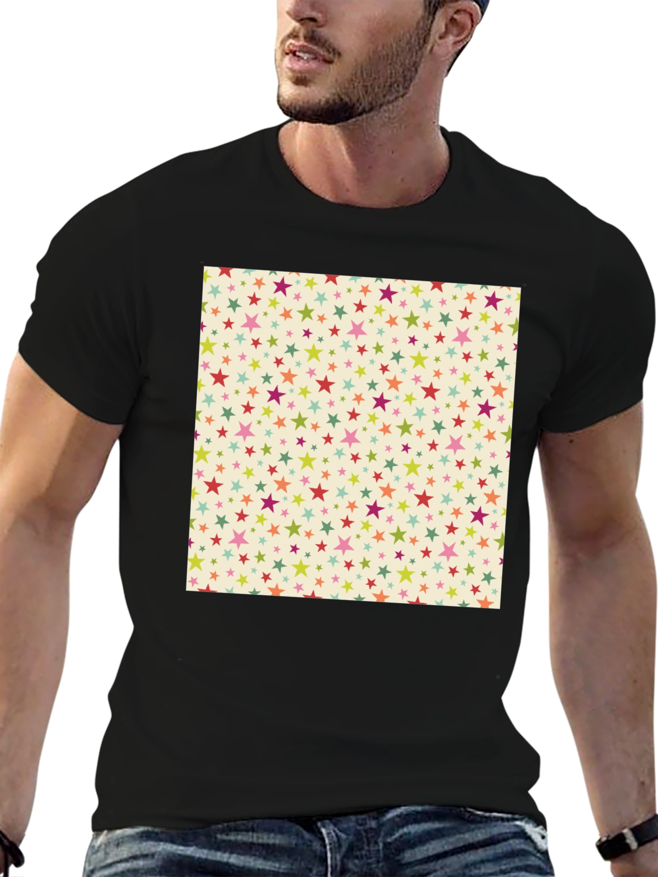 Starry Pattern Tee - Black Cotton Blend Casual T-Shirt