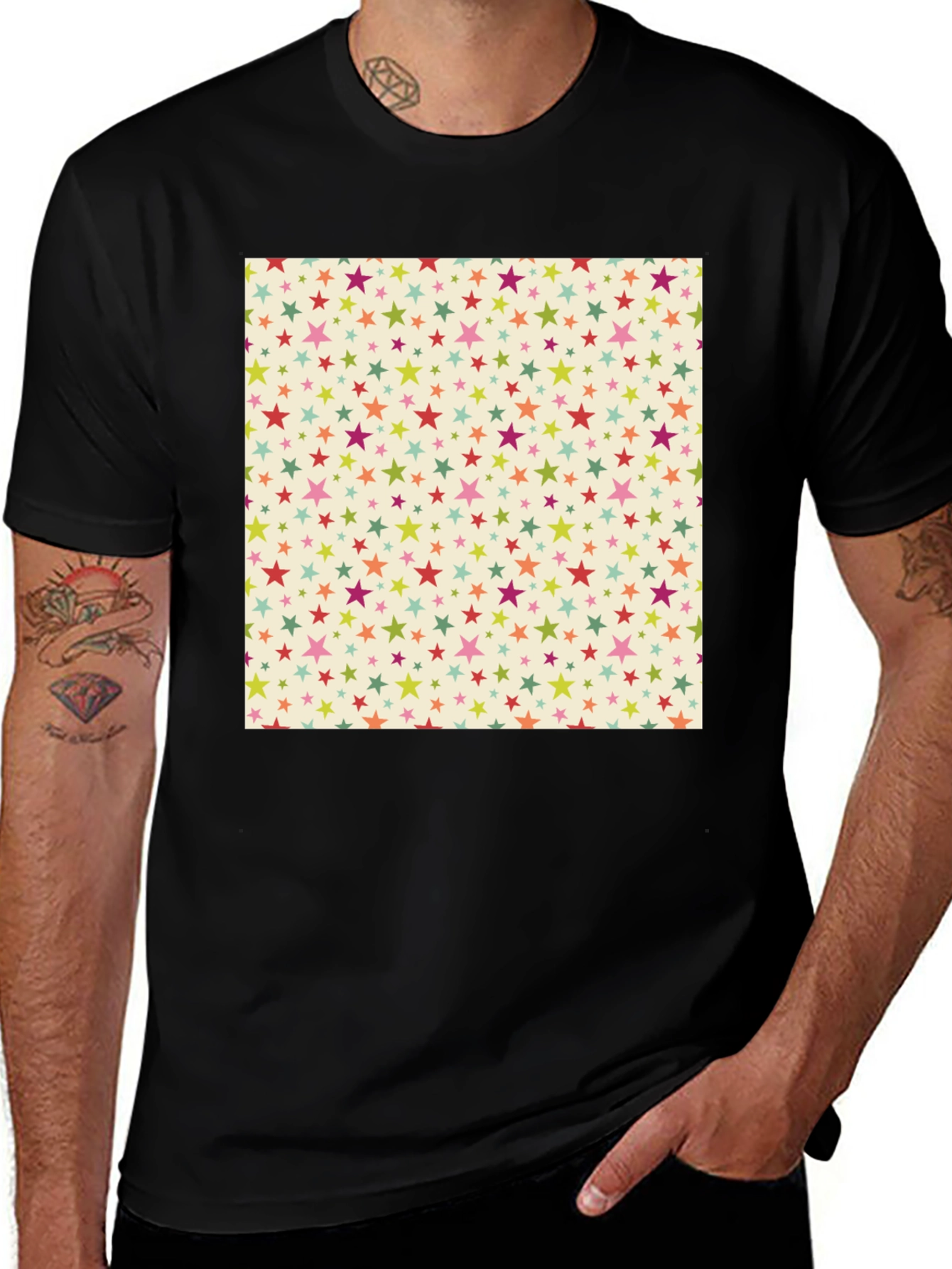 Starry Pattern Tee - Black Cotton Blend Casual T-Shirt