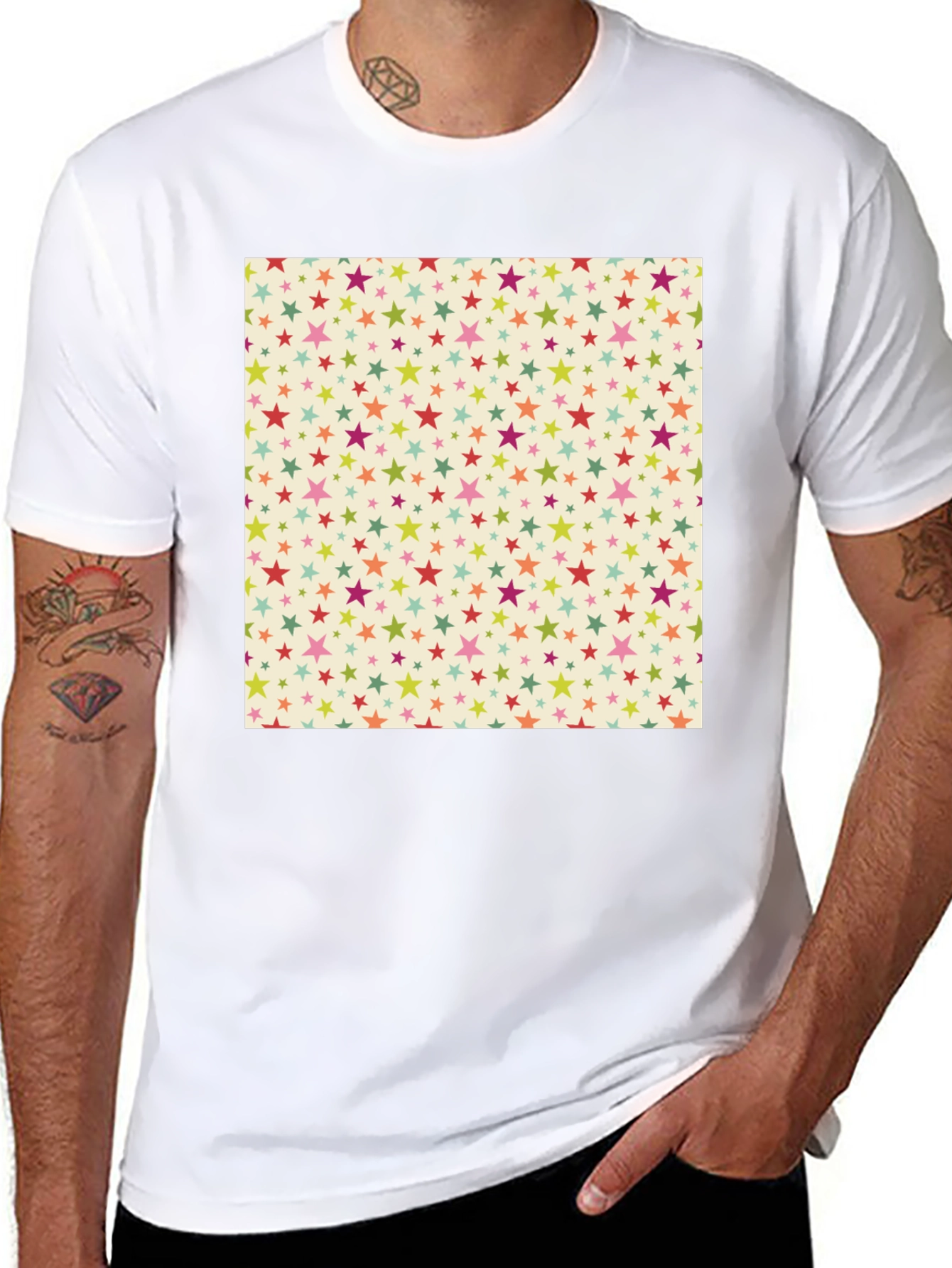 Starry Pattern Tee - Black Cotton Blend Casual T-Shirt