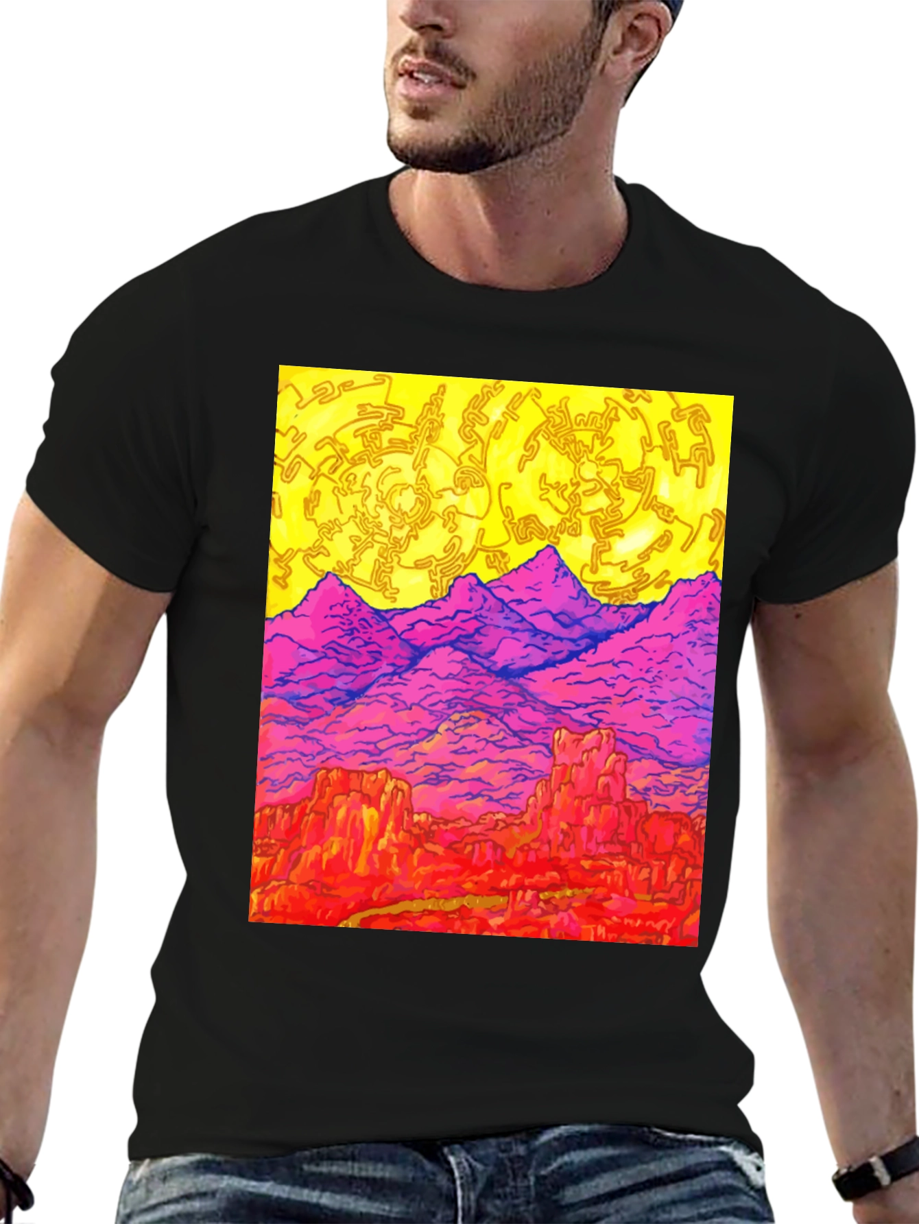 Vibrant Desert Landscape Graphic Tee - Black