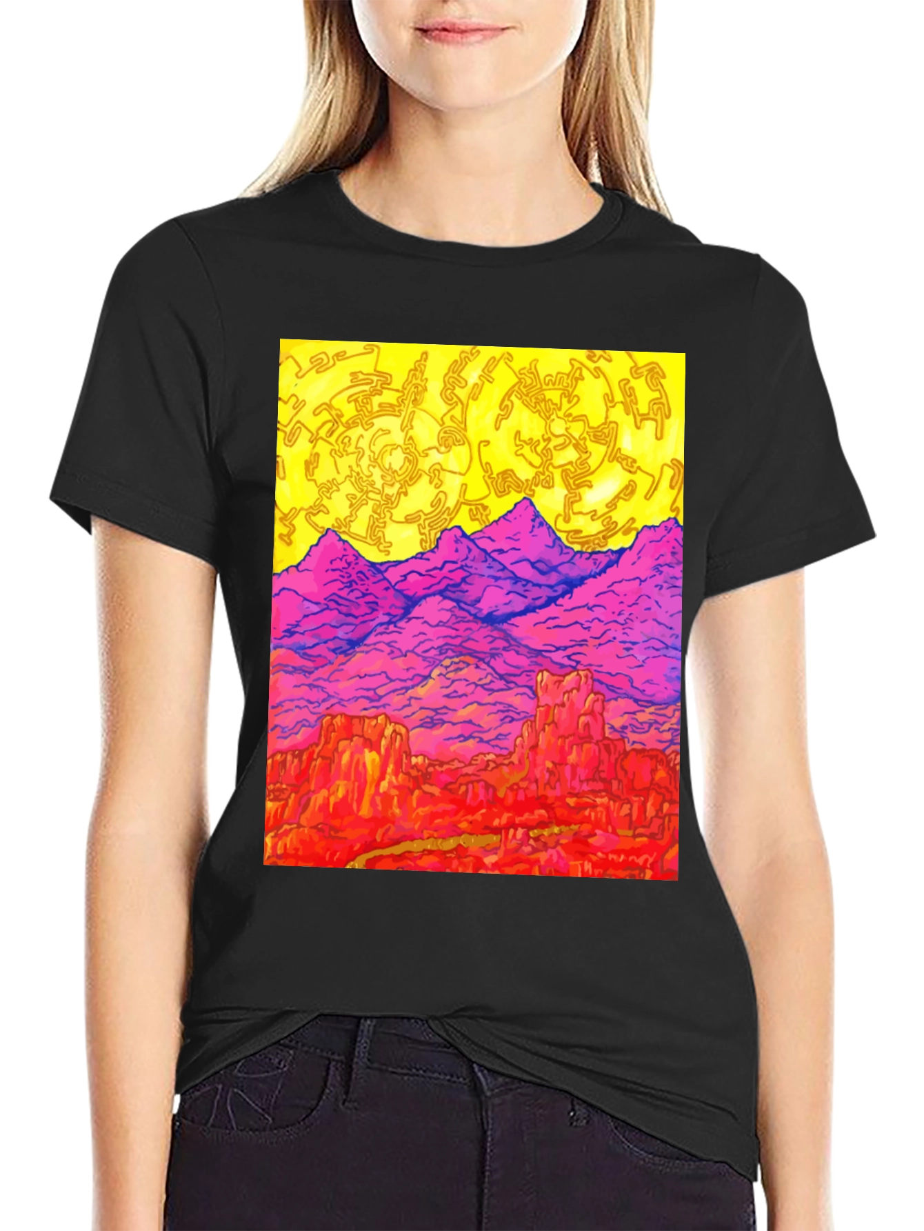 Vibrant Desert Landscape Graphic Tee - Black