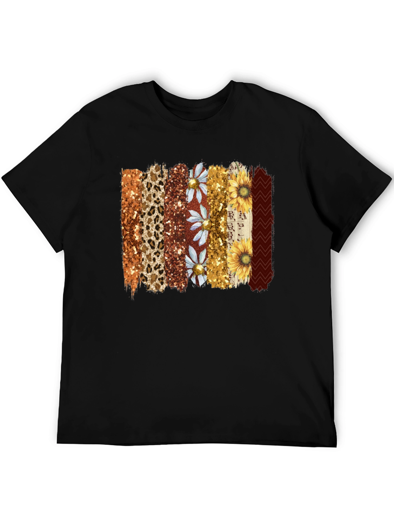 Floral Leopard Print Stripe Mens Black T-Shirt