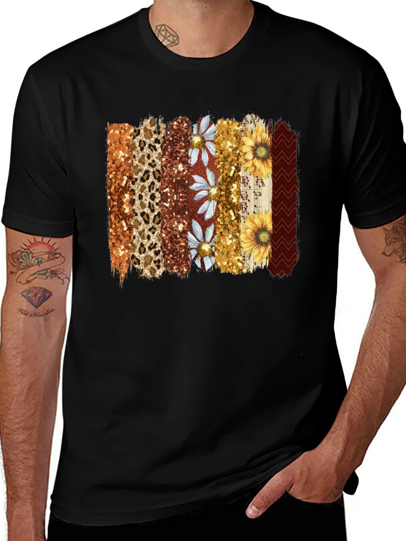 Floral Leopard Print Stripe Mens Black T-Shirt