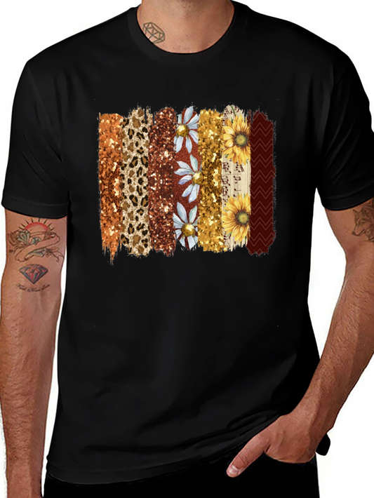 Floral Leopard Print Stripe Mens Black T-Shirt