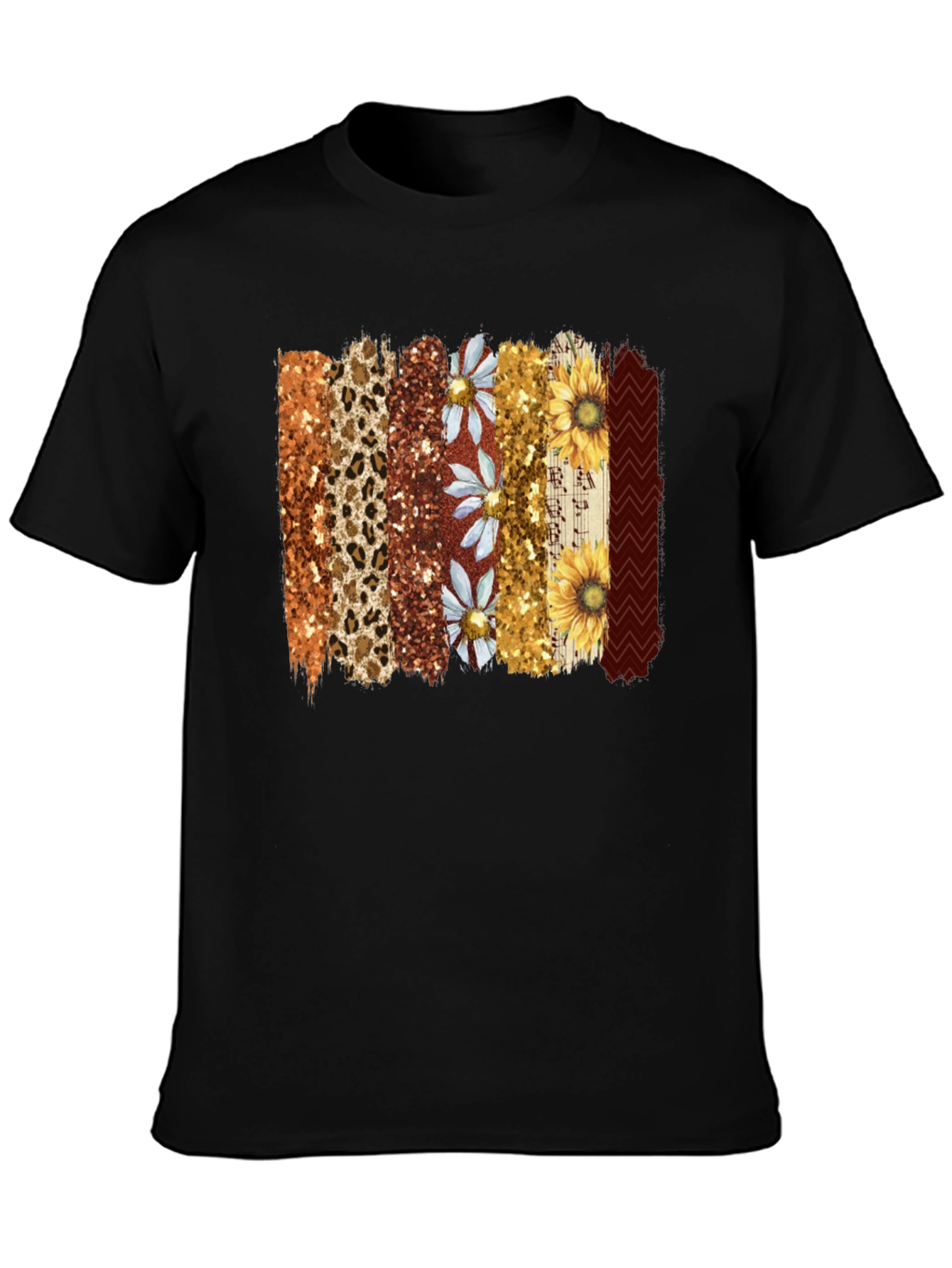 Floral Leopard Print Stripe Mens Black T-Shirt