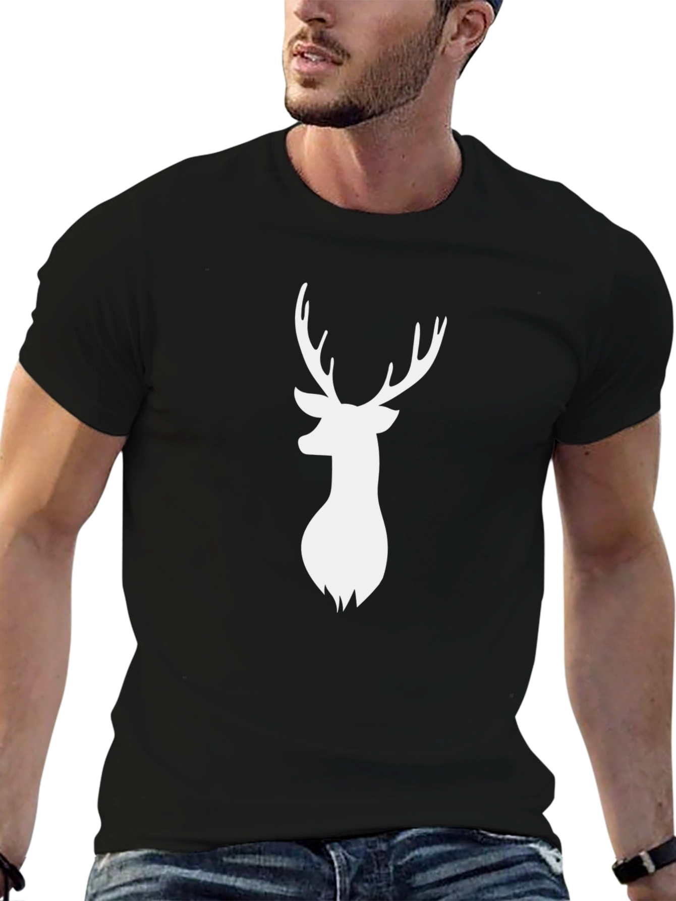 Mens Black T-Shirt with White Deer Graphic