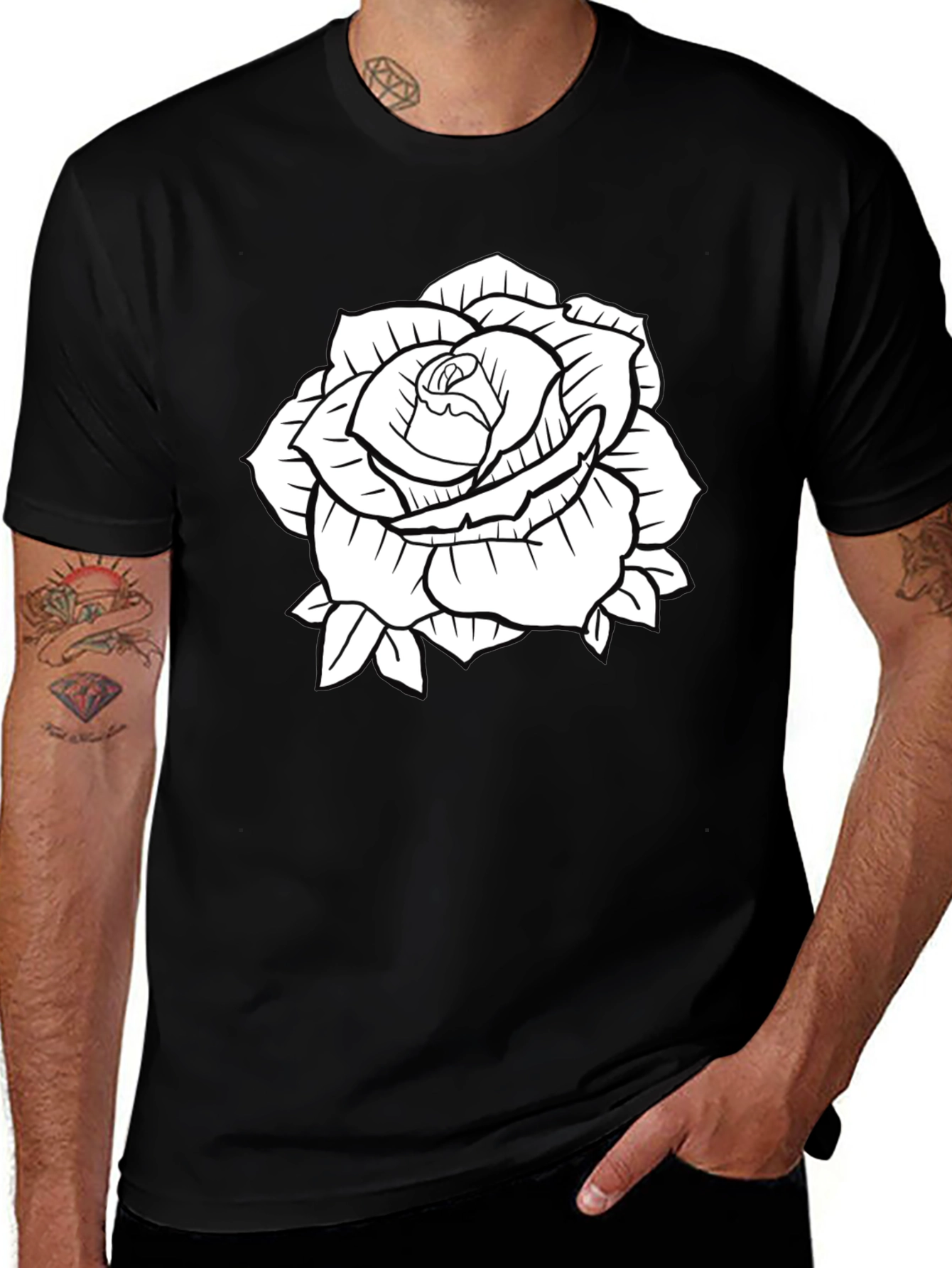 Black T-Shirt with Rose Graphic