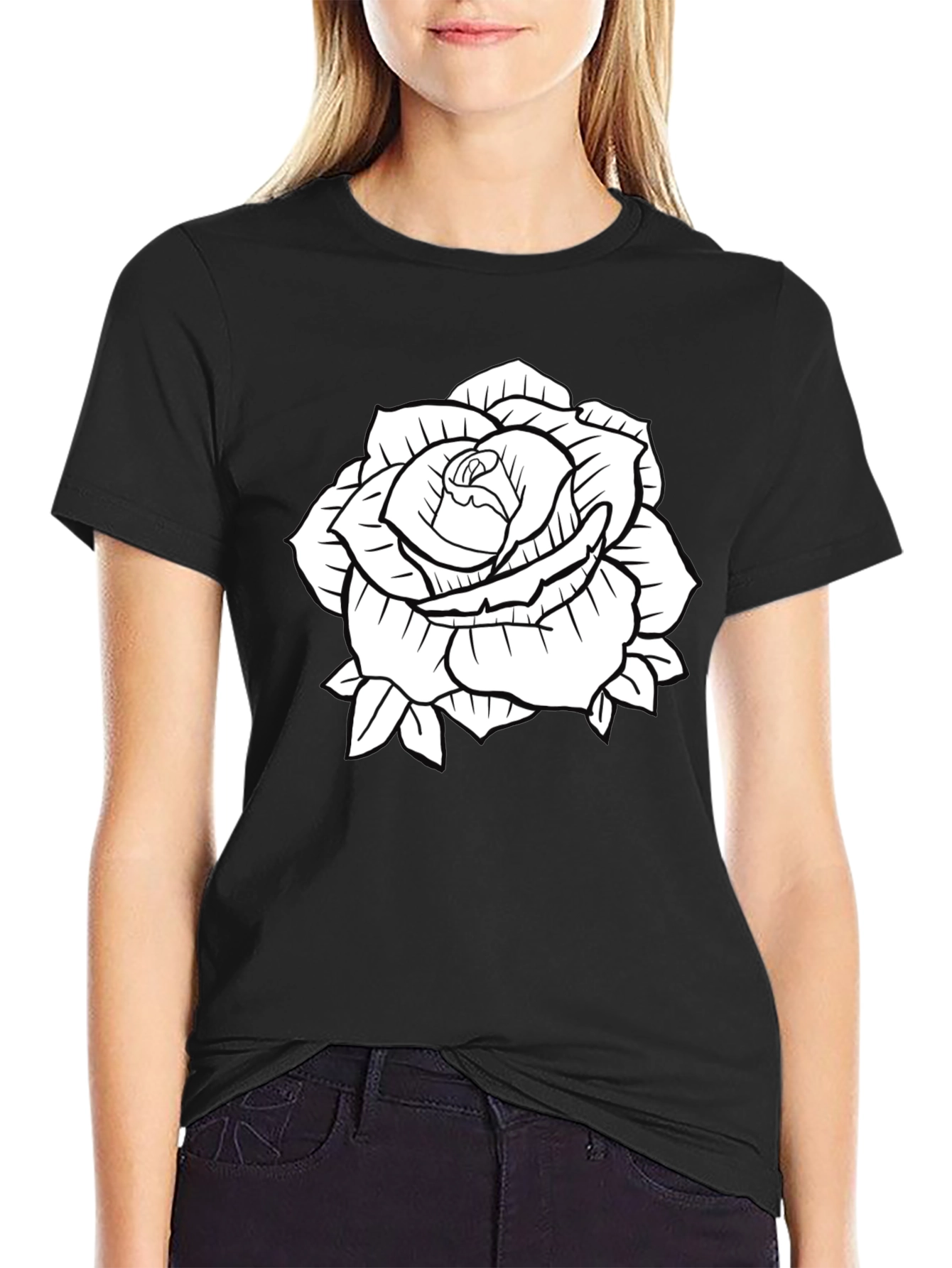 Black T-Shirt with Rose Graphic