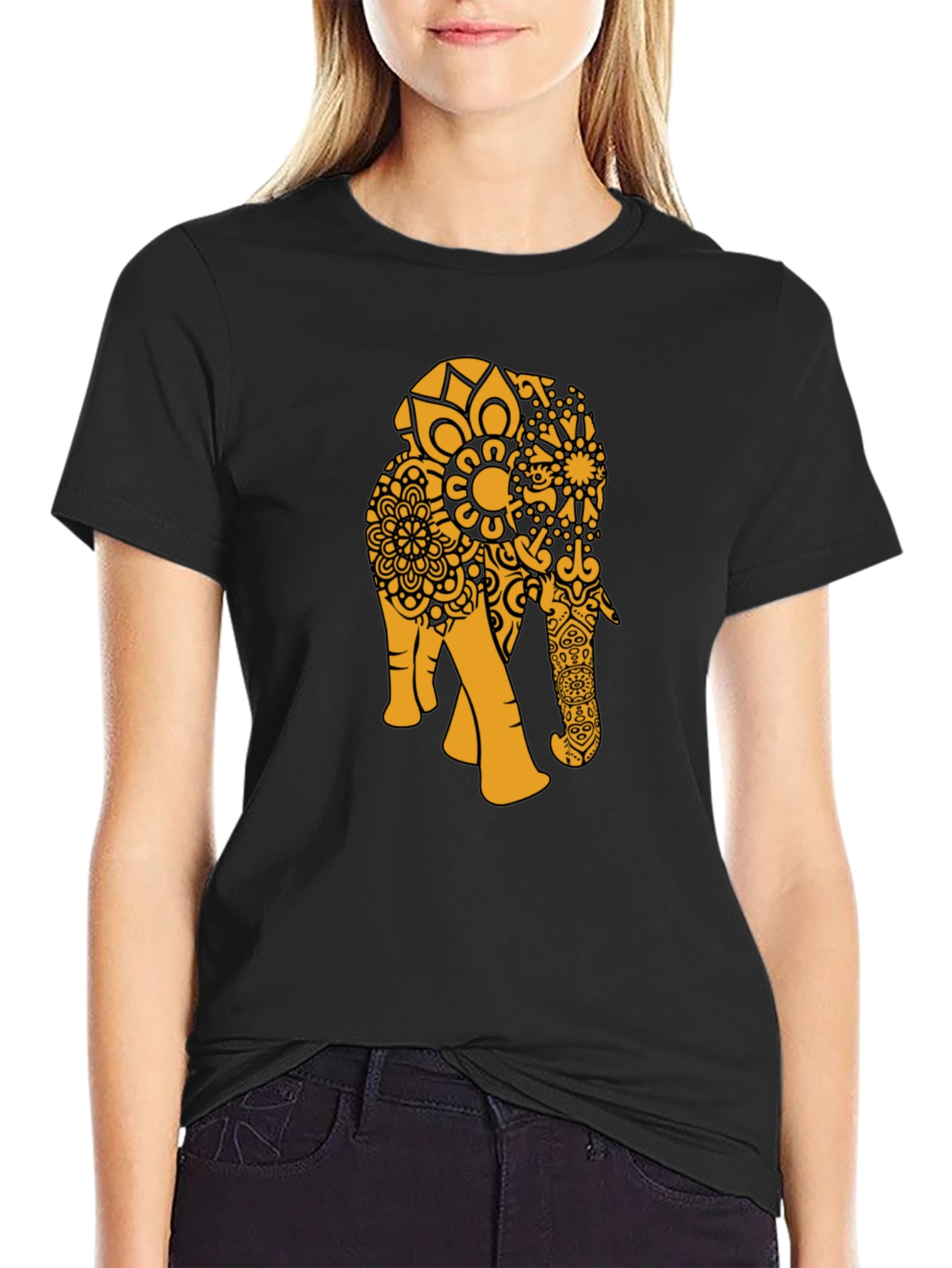 Black T-Shirt with Gold Elephant Mandala