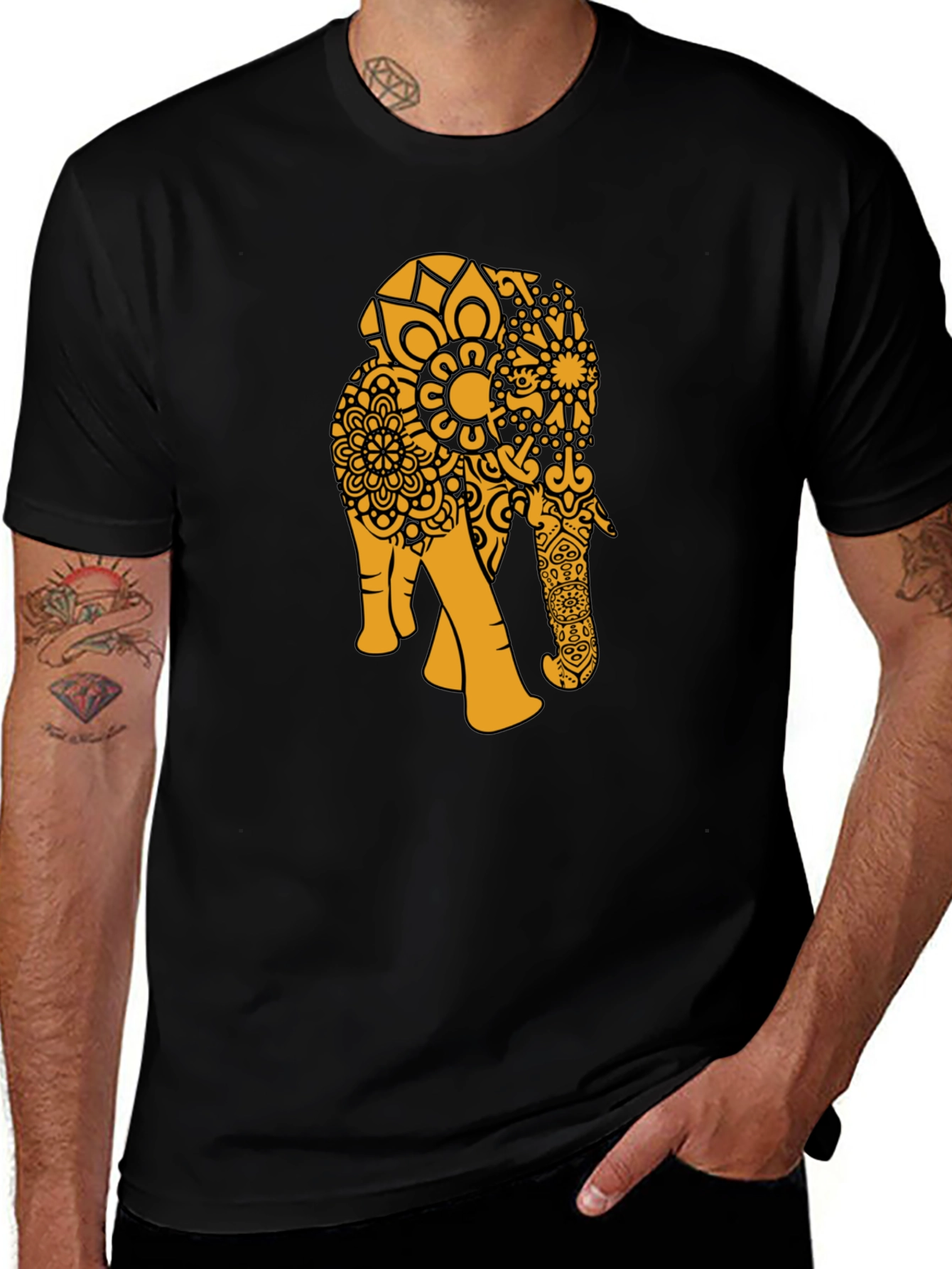 Black T-Shirt with Gold Elephant Mandala