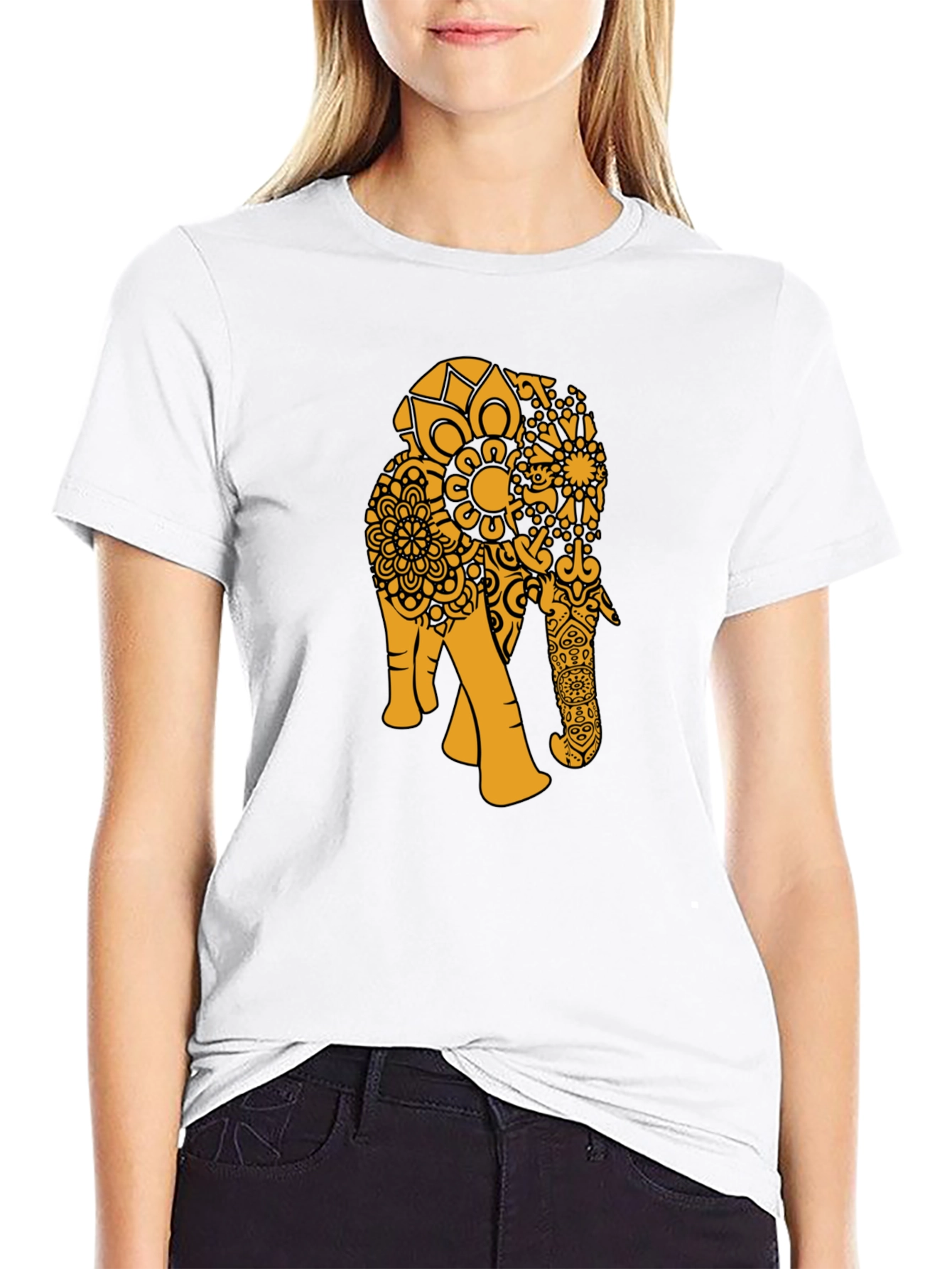 Black T-Shirt with Gold Elephant Mandala