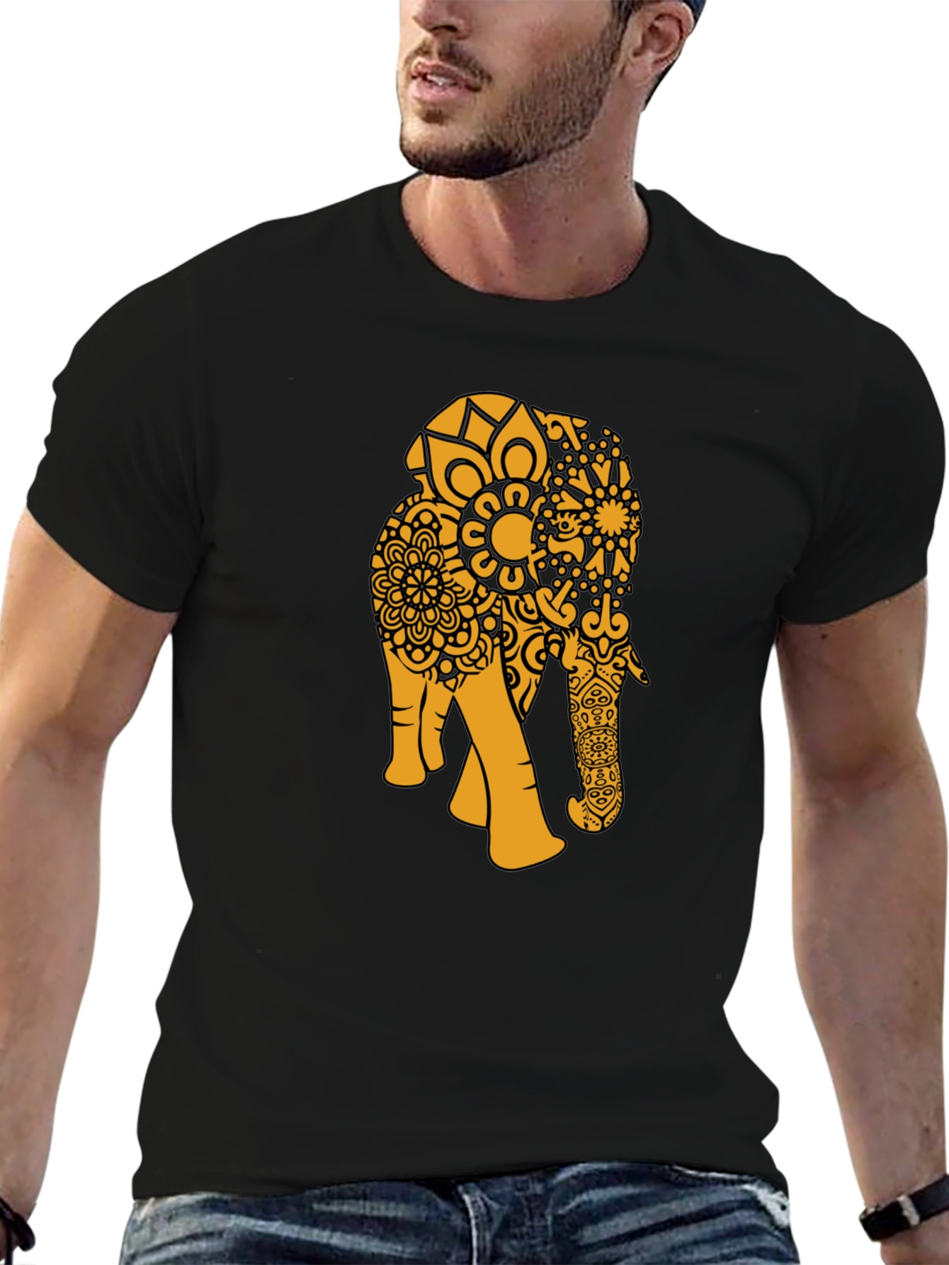Black T-Shirt with Gold Elephant Mandala