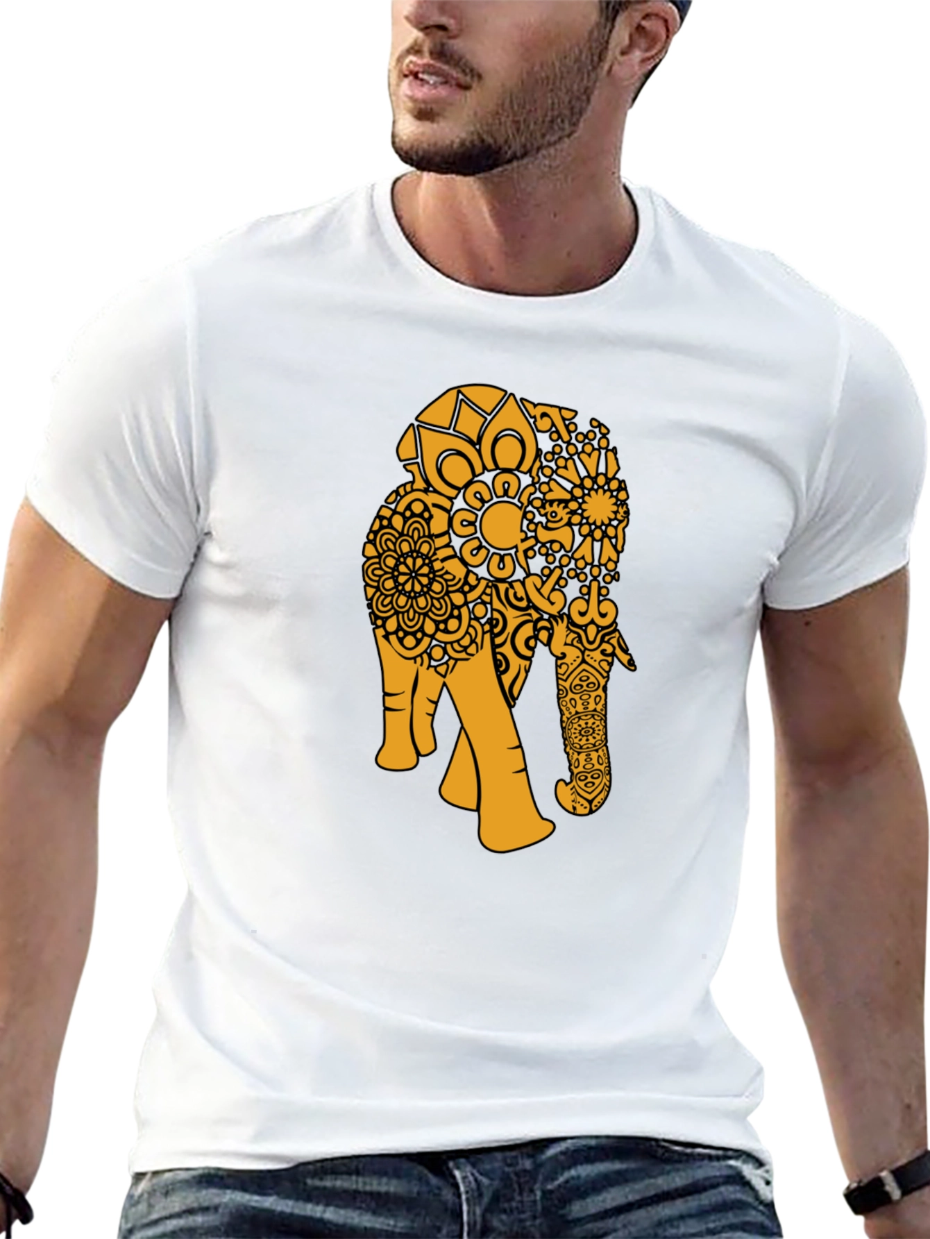 Black T-Shirt with Gold Elephant Mandala
