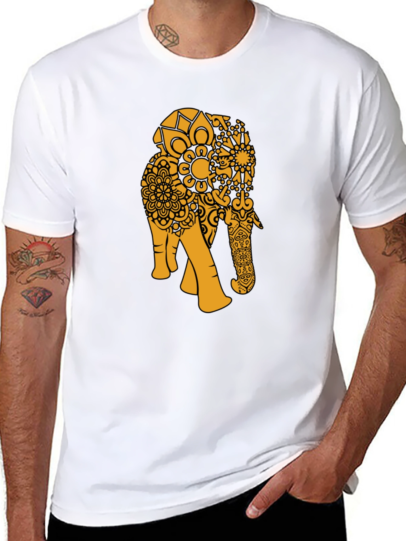 Black T-Shirt with Gold Elephant Mandala