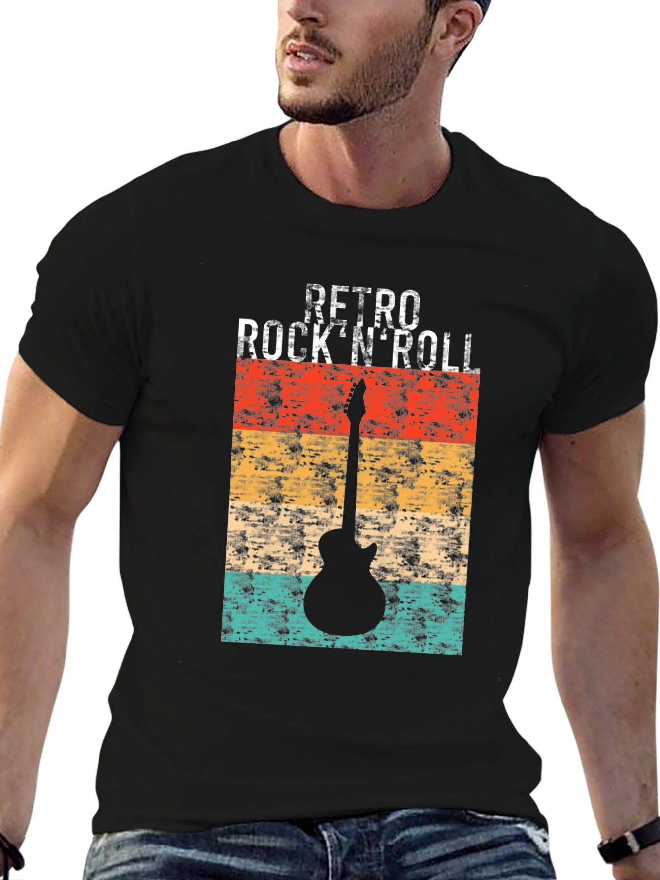 Retro Rock n Roll Guitar Graphic Tee - Black