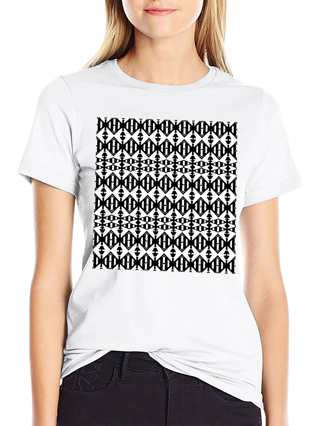Black Graphic Tee - Geometric Diamond Pattern