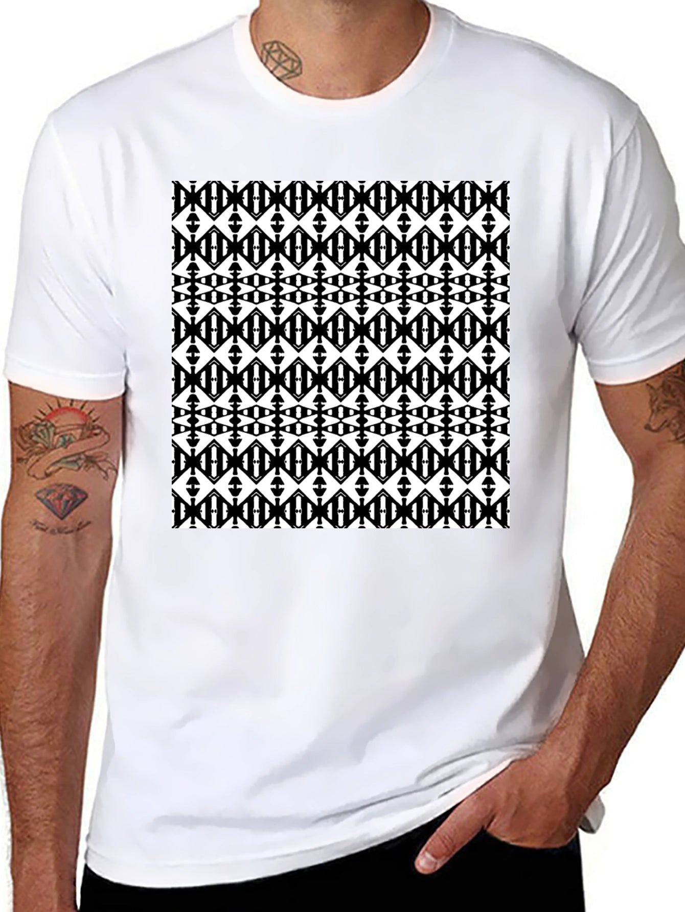 Black Graphic Tee - Geometric Diamond Pattern