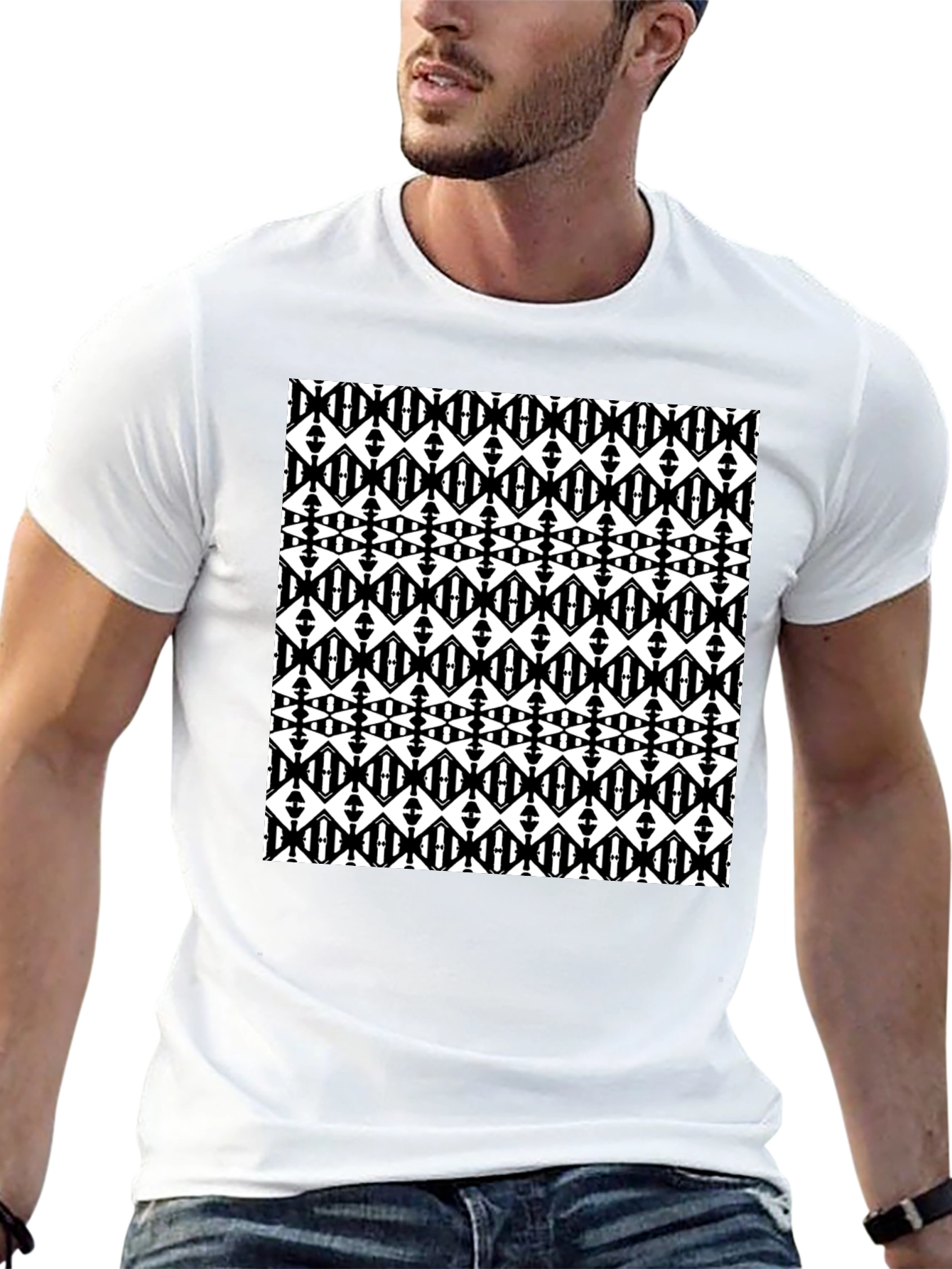 Black Graphic Tee - Geometric Diamond Pattern