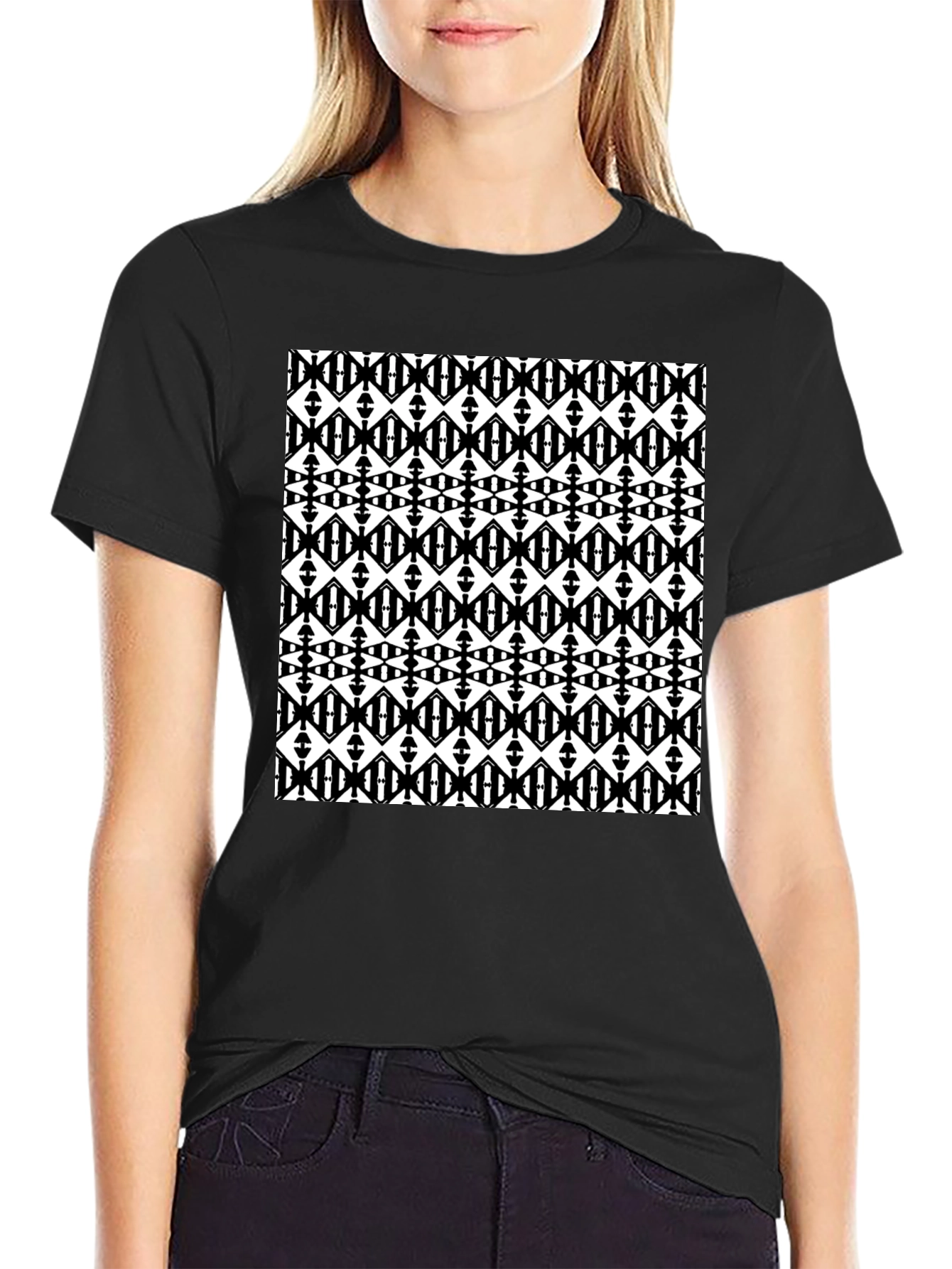 Black Graphic Tee - Geometric Diamond Pattern