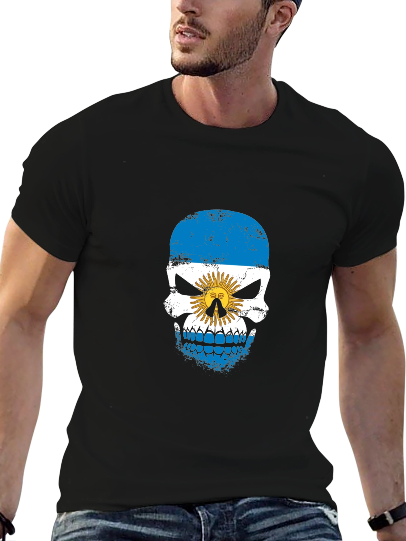 Argentina Flag Skull Graphic Print Black T-Shirt
