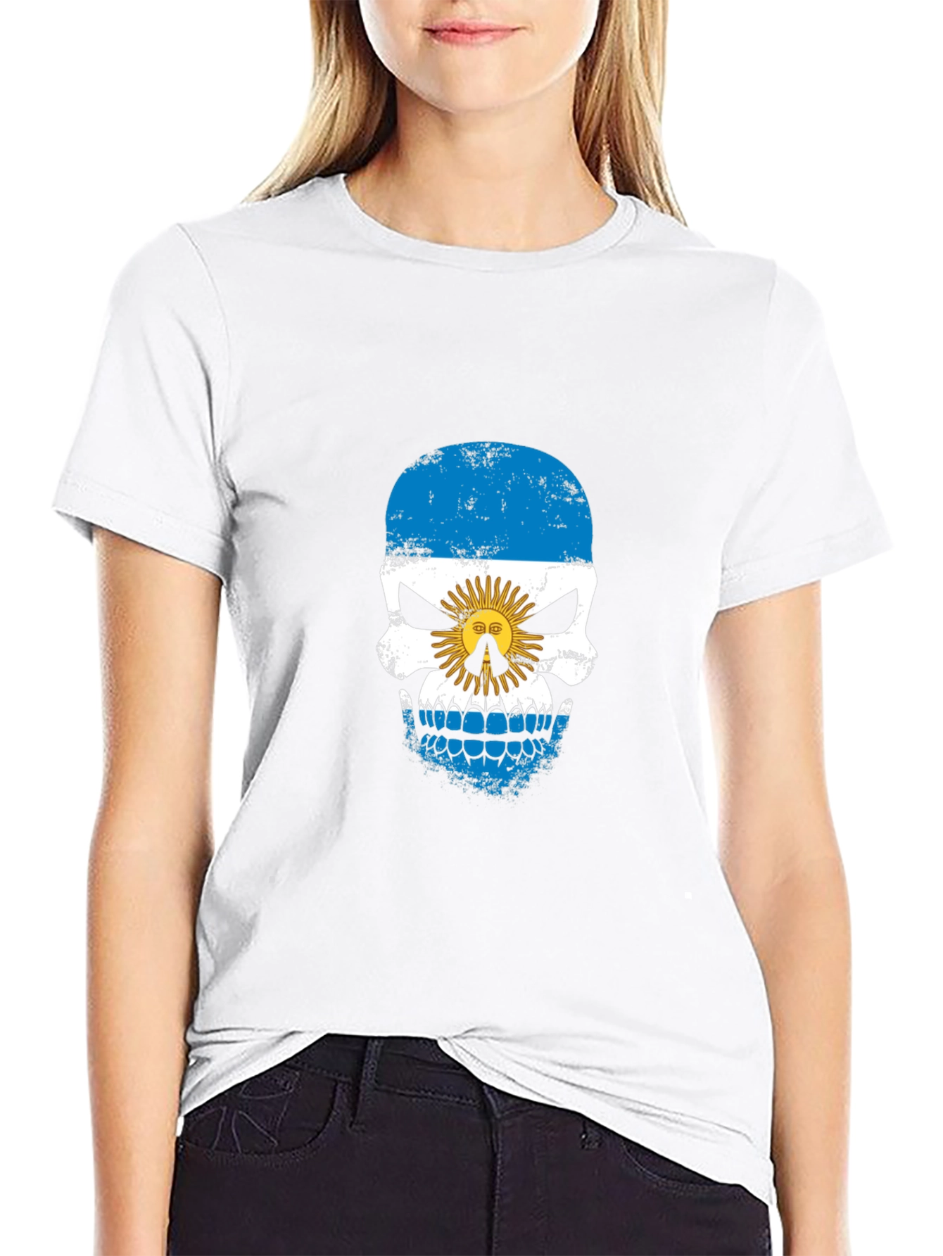 Argentina Flag Skull Graphic Print Black T-Shirt