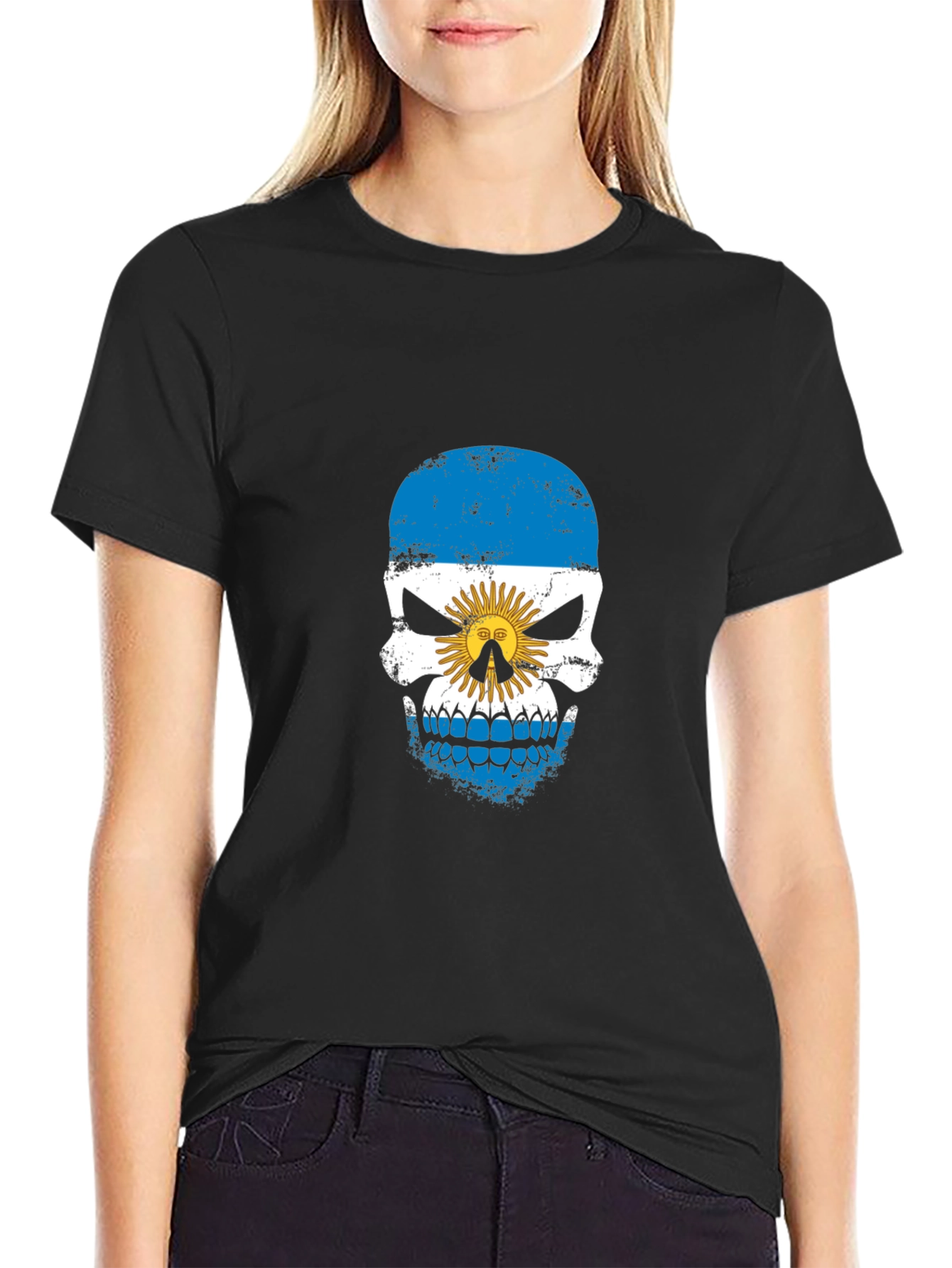 Argentina Flag Skull Graphic Print Black T-Shirt