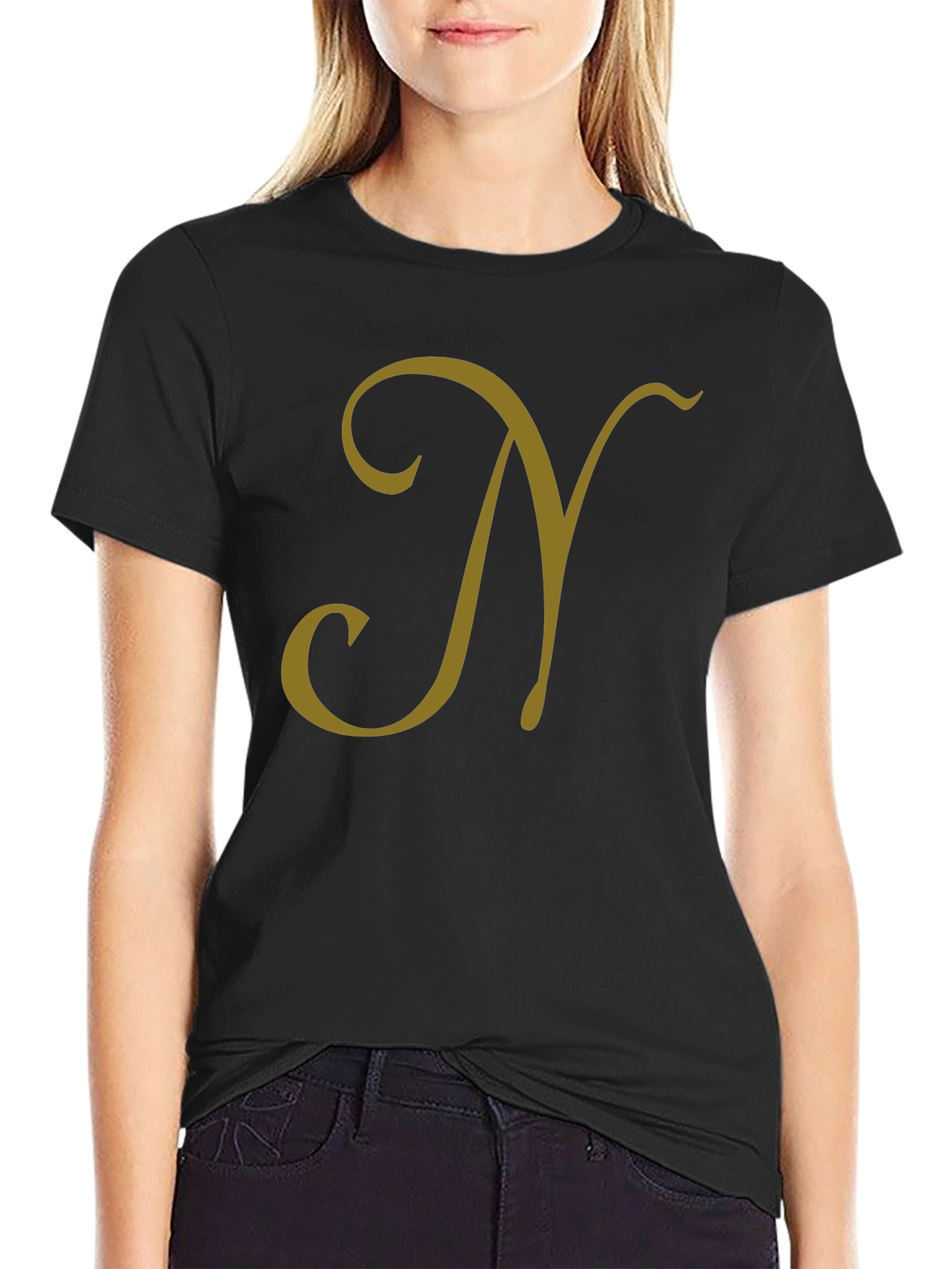 Black T-Shirt with Gold Letter N Design
