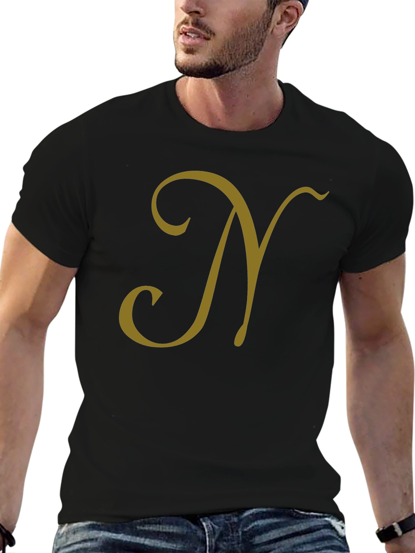 Black T-Shirt with Gold Letter N Design