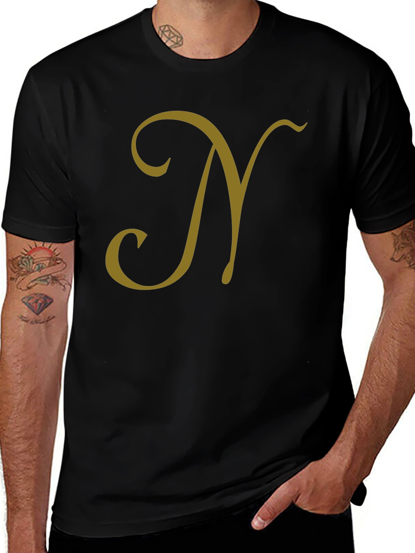 Black T-Shirt with Gold Letter N Design