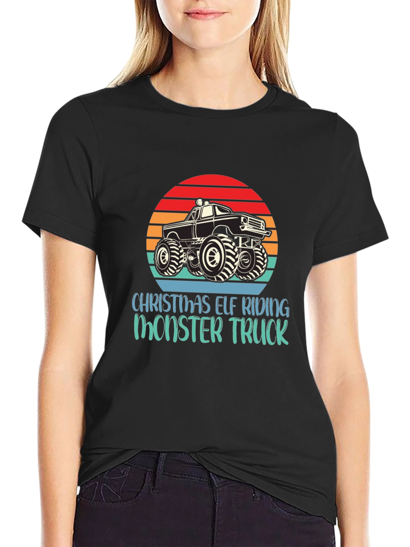 Christmas Elf Riding Monster Truck Tee