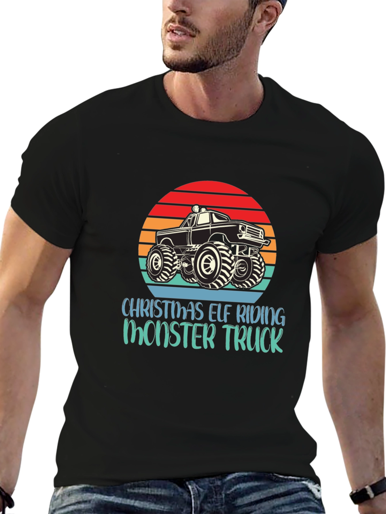 Christmas Elf Riding Monster Truck Tee