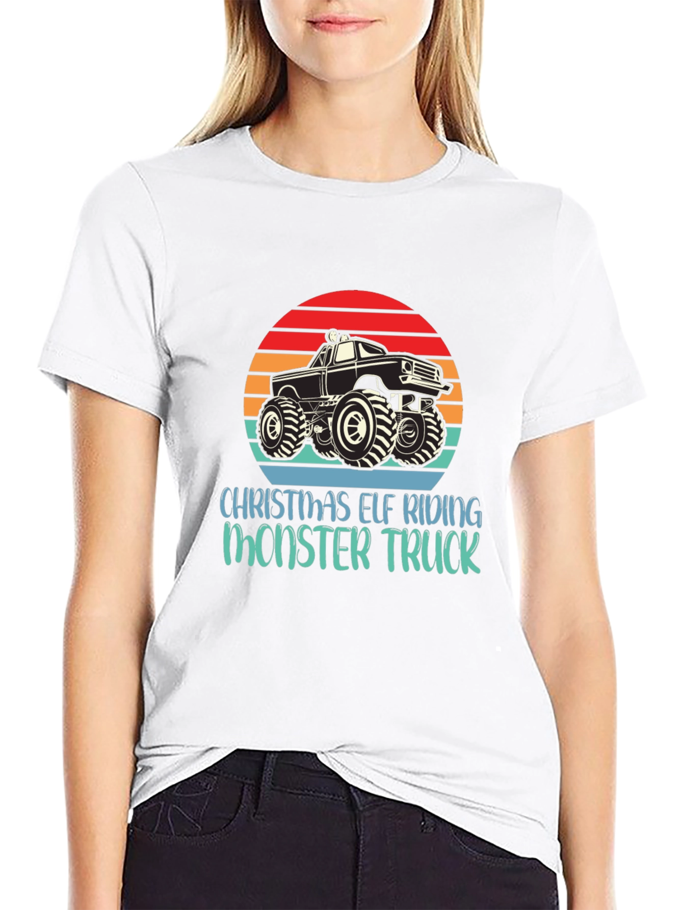 Christmas Elf Riding Monster Truck Tee