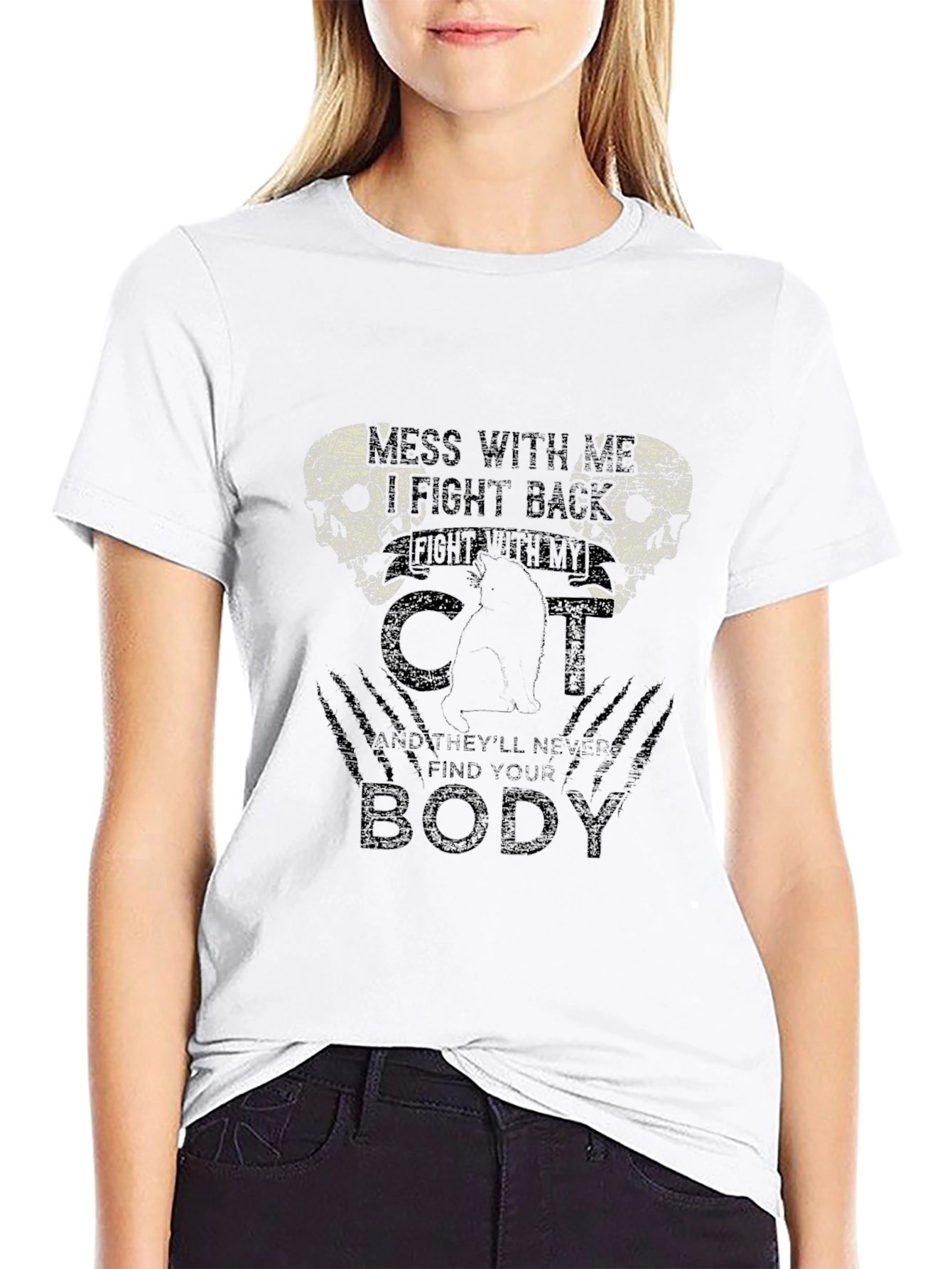 Mens Black T-Shirt with Cat & Skull Graphic