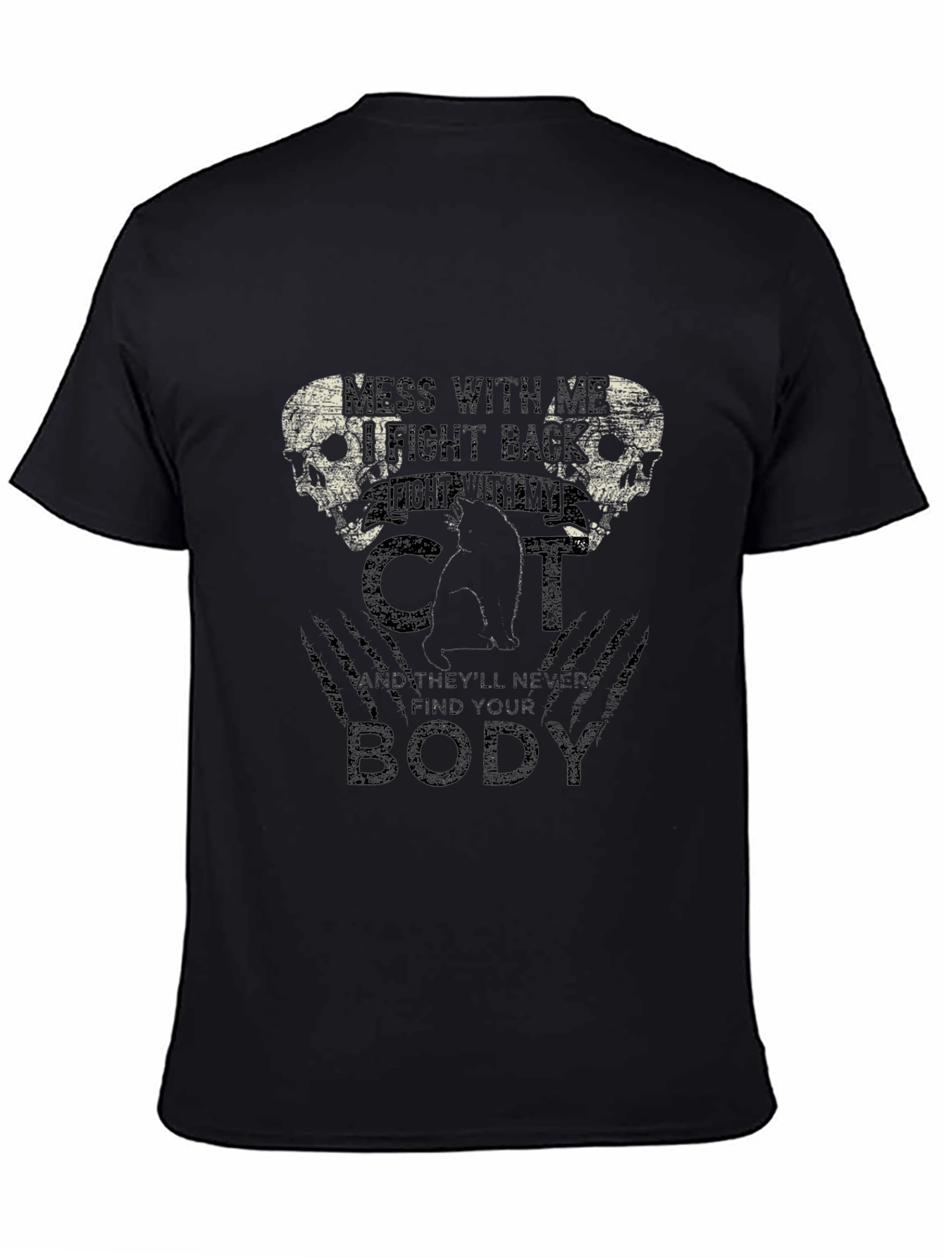 Mens Black T-Shirt with Cat & Skull Graphic