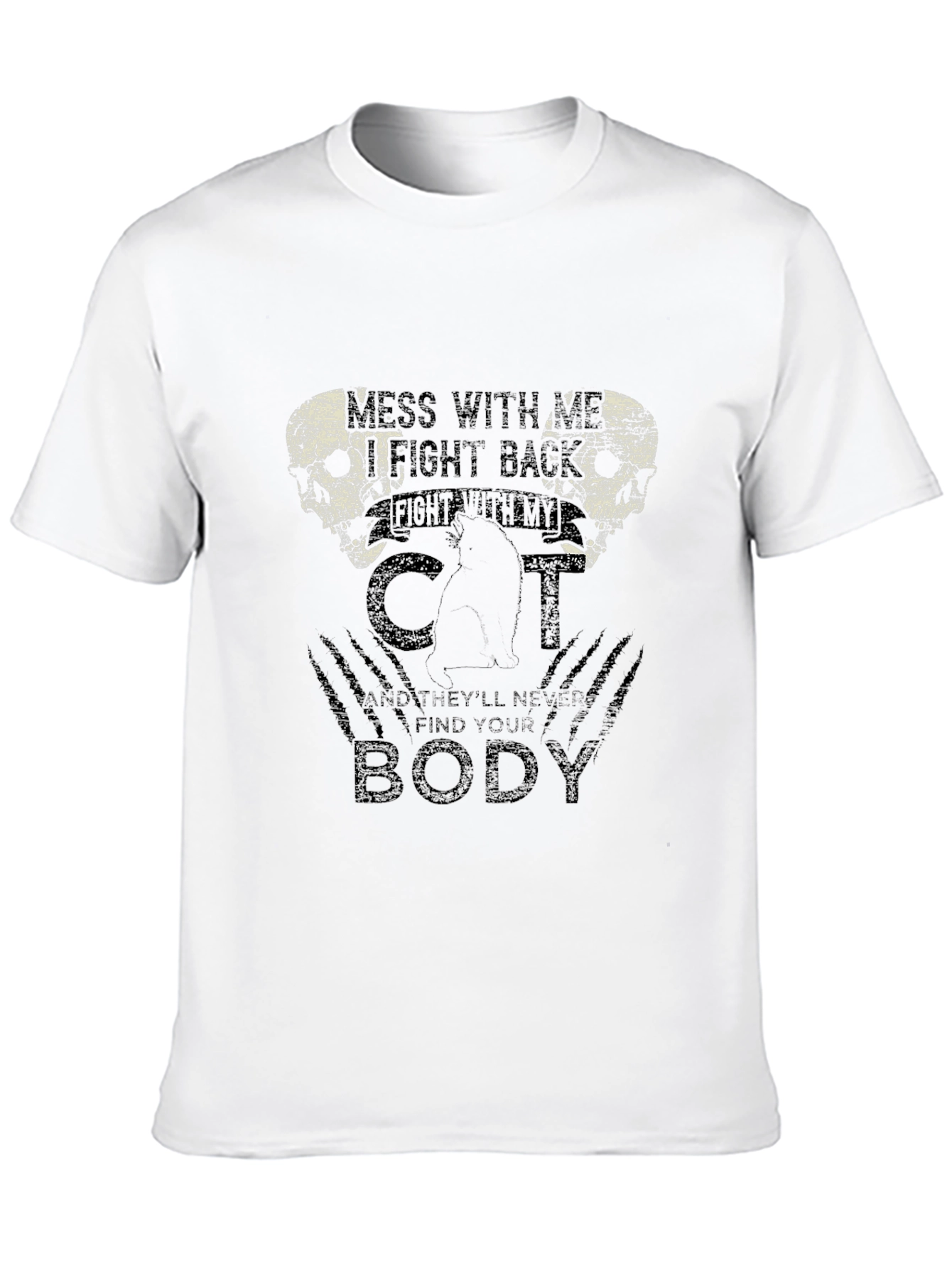 Mens Black T-Shirt with Cat & Skull Graphic