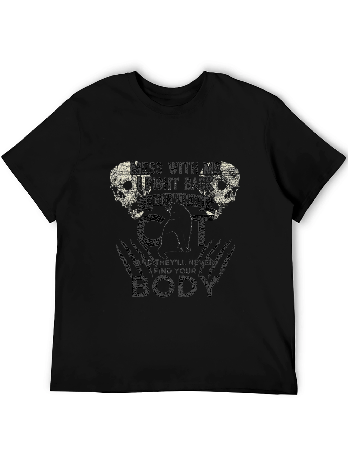Mens Black T-Shirt with Cat & Skull Graphic