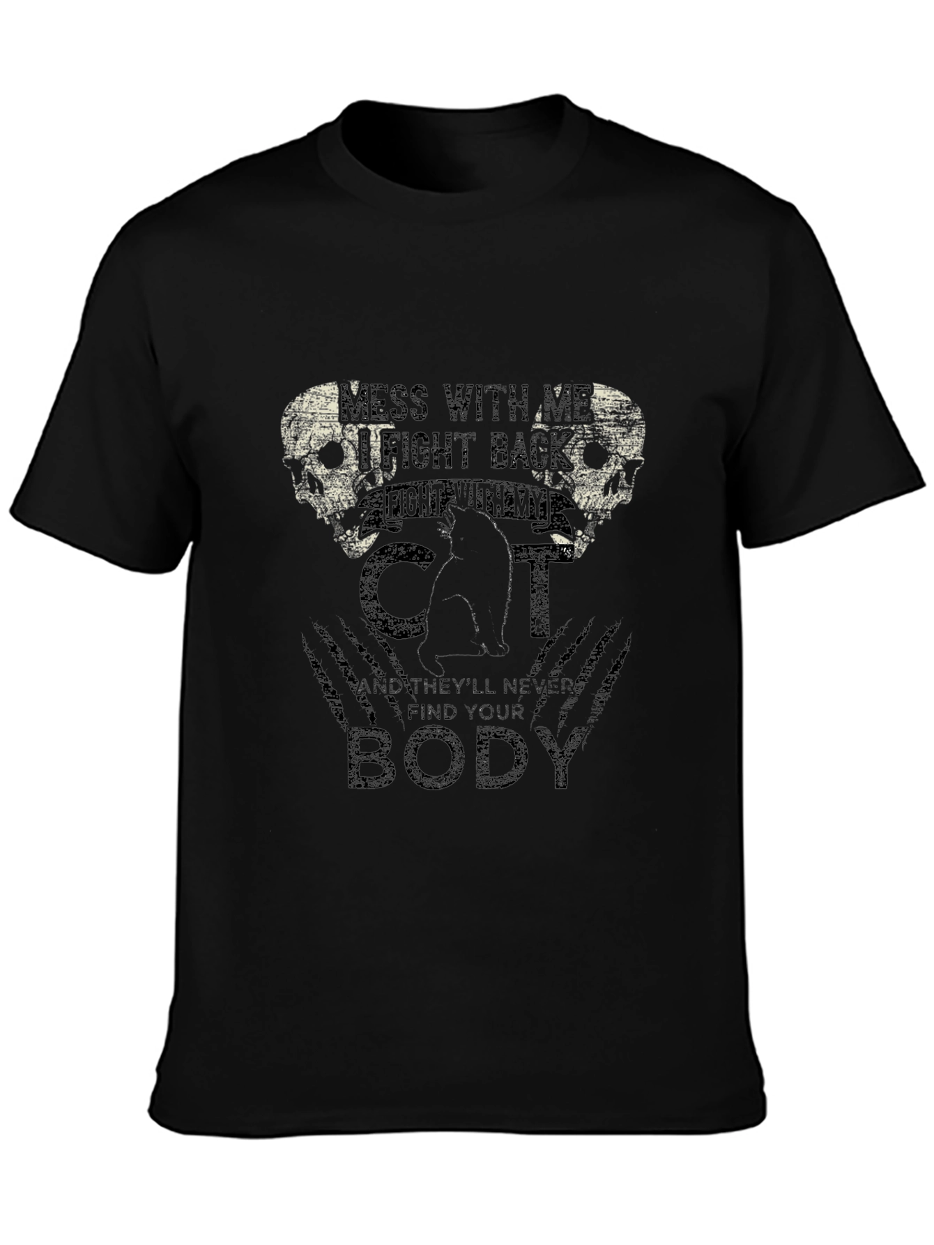 Mens Black T-Shirt with Cat & Skull Graphic
