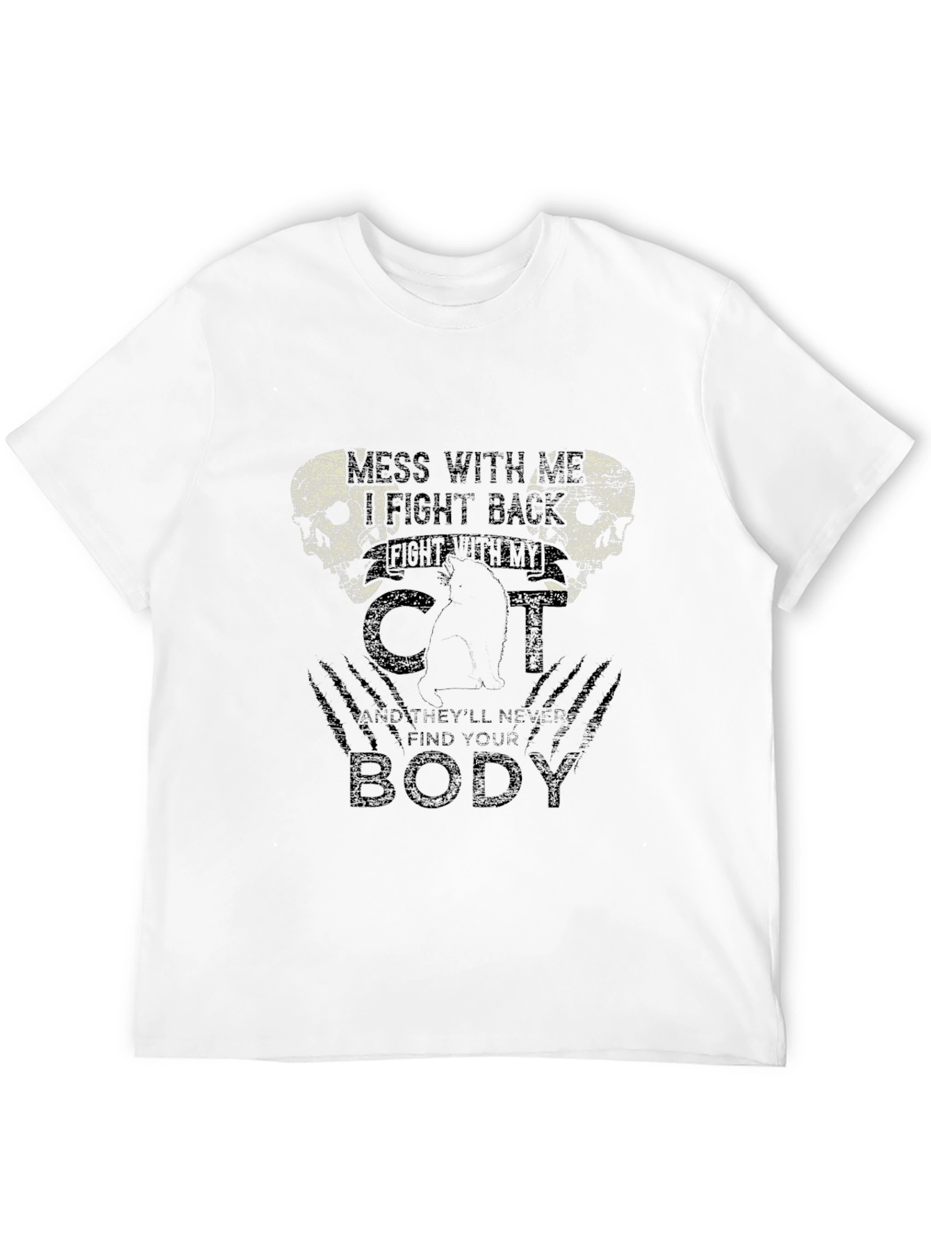 Mens Black T-Shirt with Cat & Skull Graphic
